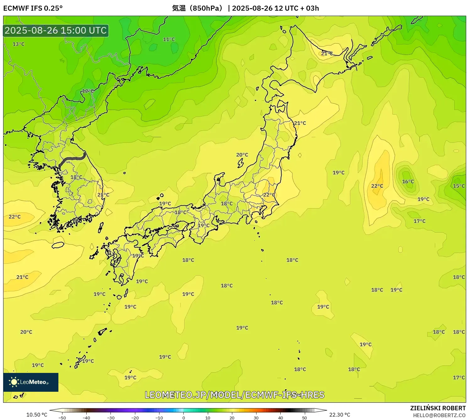 ECMWF IFS 0.25° model - 日本, 気温(850hPa) ECMWF IFS 0.25° model - 日本, 気温(850hPa)