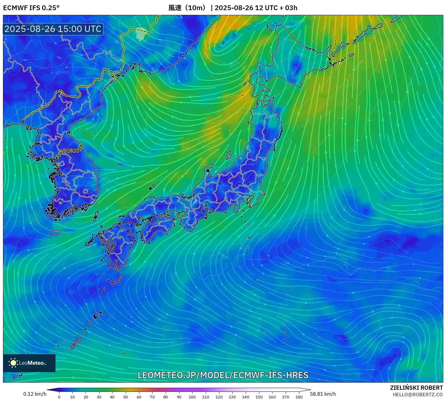 ECMWF IFS 0.25° model - 日本, 風速(10m) ECMWF IFS 0.25° model - 日本, 風速(10m)