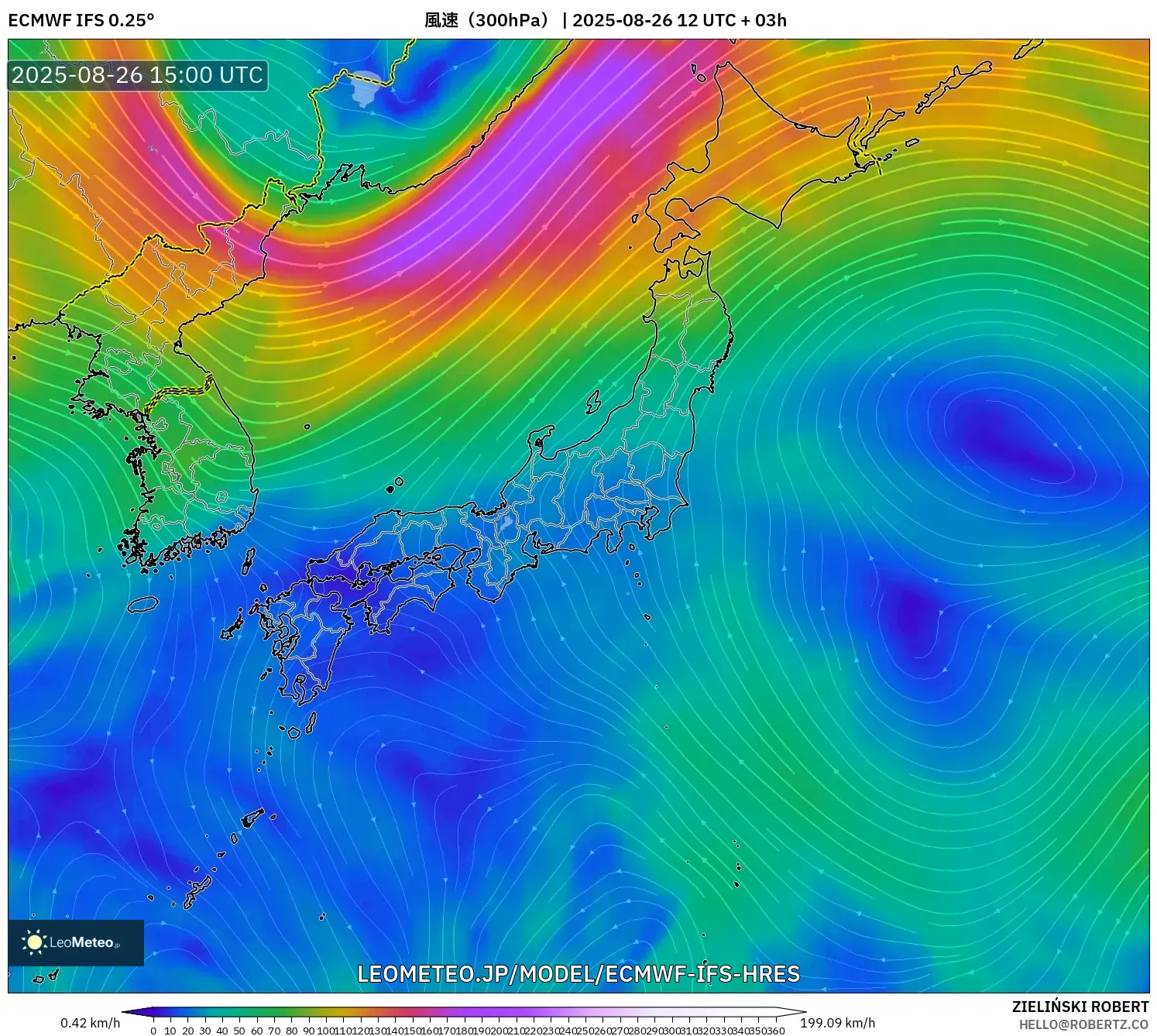 ECMWF IFS 0.25° model - 日本, 風速(300hPa) ECMWF IFS 0.25° model - 日本, 風速(300hPa)