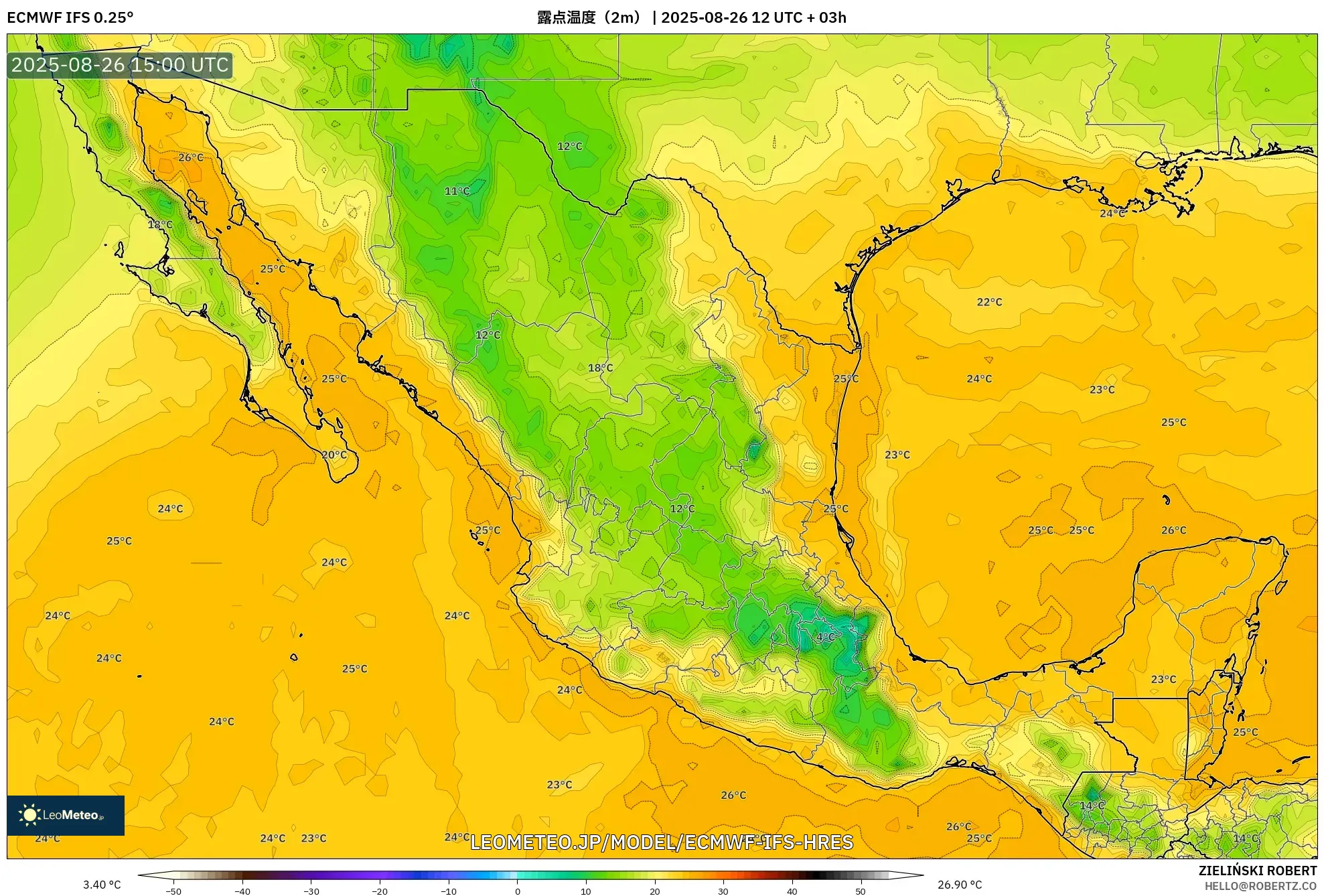 ECMWF IFS 0.25° model - メキシコ, 露点温度（2m）