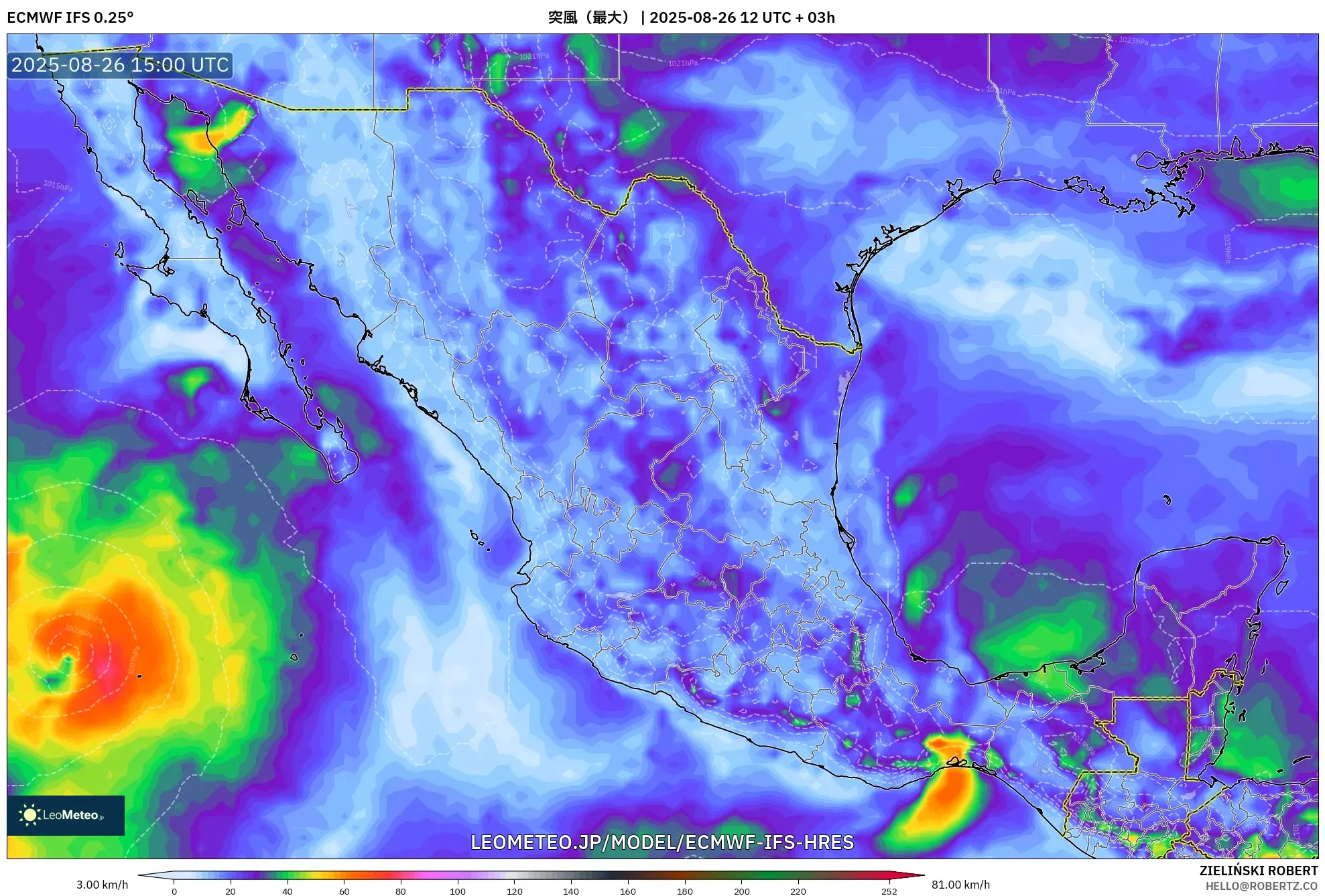 ECMWF IFS 0.25° model - メキシコ, 突風(最大) ECMWF IFS 0.25° model - メキシコ, 突風(最大)