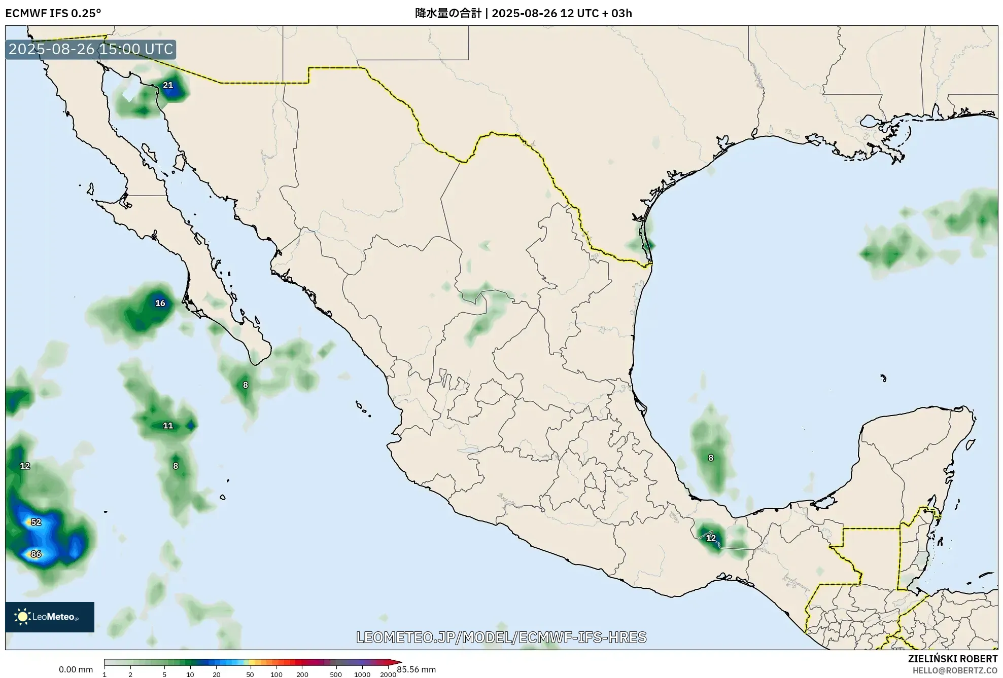 ECMWF IFS 0.25° model - メキシコ, 降水量の合計 ECMWF IFS 0.25° model - メキシコ, 降水量の合計