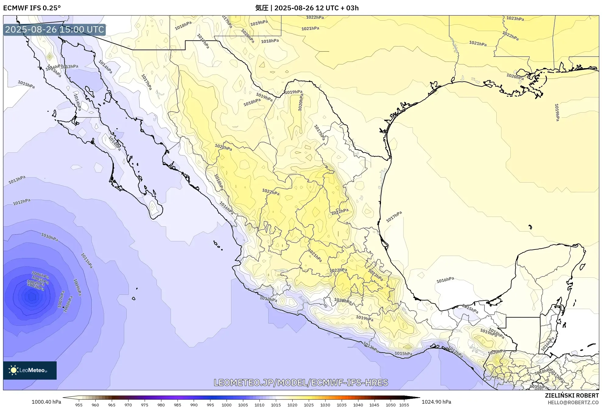 ECMWF IFS 0.25° model - メキシコ, 気圧 ECMWF IFS 0.25° model - メキシコ, 気圧
