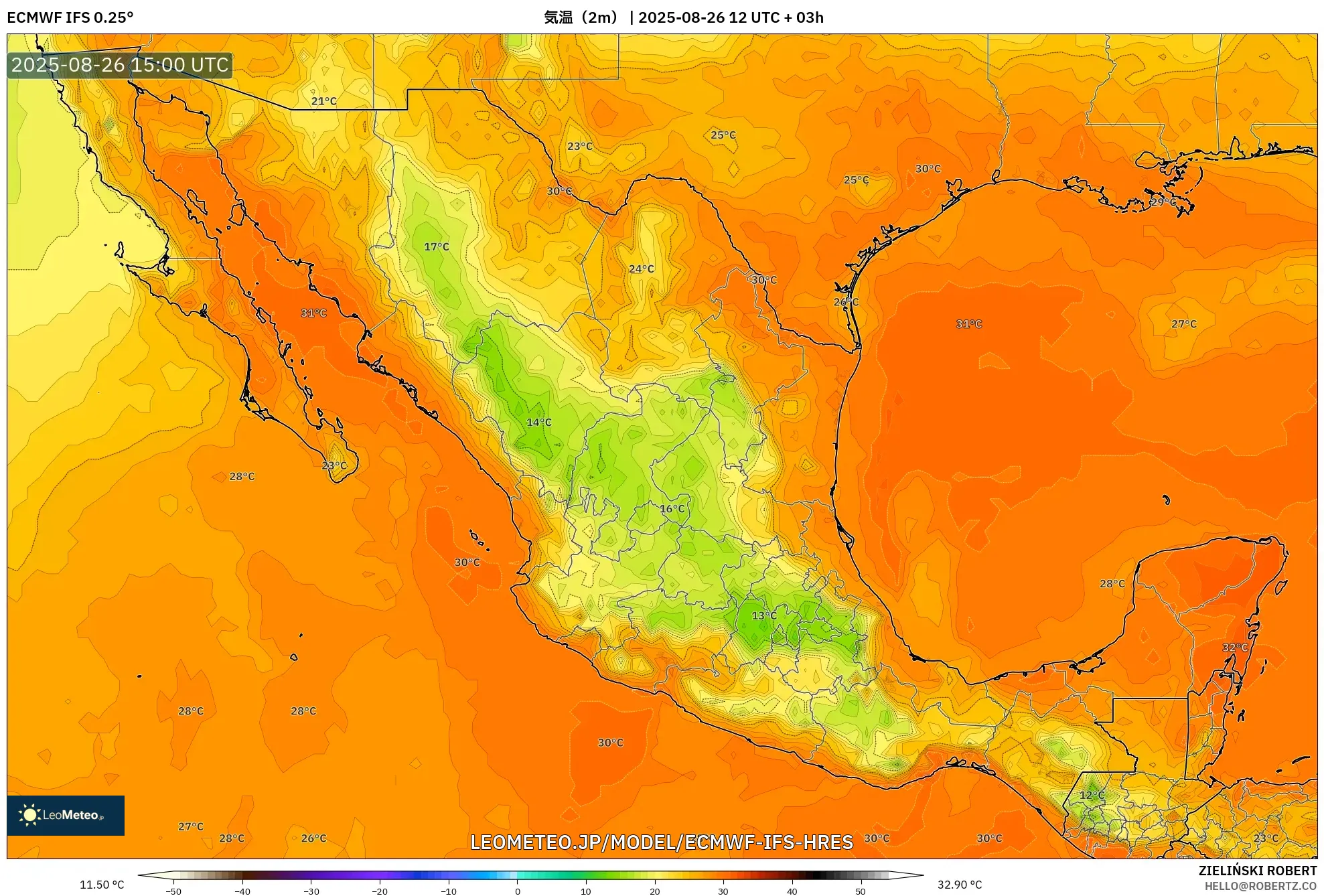 ECMWF IFS 0.25° model - メキシコ, 気温(2m) ECMWF IFS 0.25° model - メキシコ, 気温(2m)