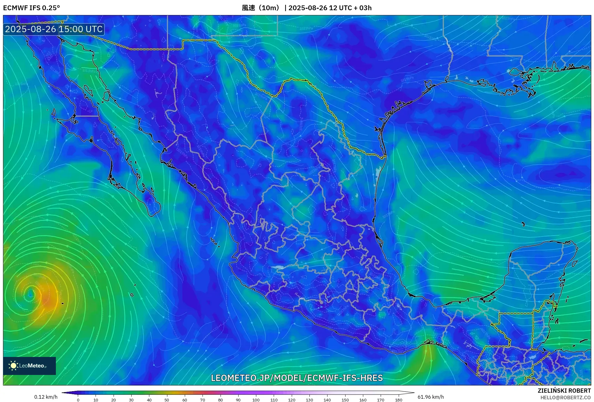 ECMWF IFS 0.25° model - メキシコ, 風速(10m) ECMWF IFS 0.25° model - メキシコ, 風速(10m)