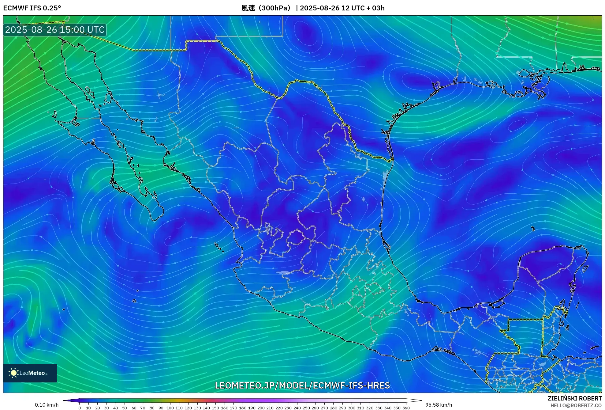 ECMWF IFS 0.25° model - メキシコ, 風速(300hPa) ECMWF IFS 0.25° model - メキシコ, 風速(300hPa)