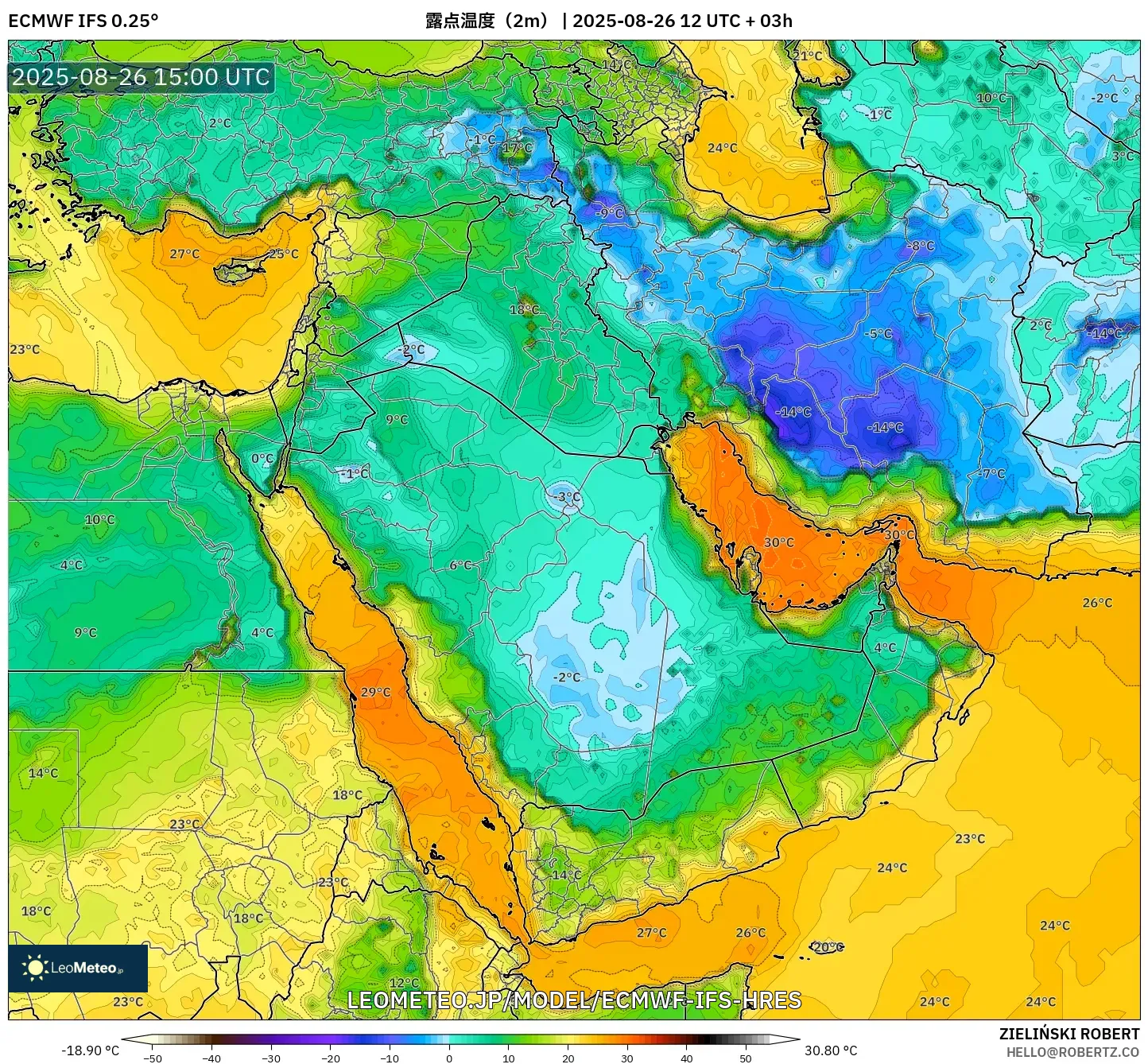 ECMWF IFS 0.25° model - 中東, 露点温度(2m) ECMWF IFS 0.25° model - 中東, 露点温度(2m)