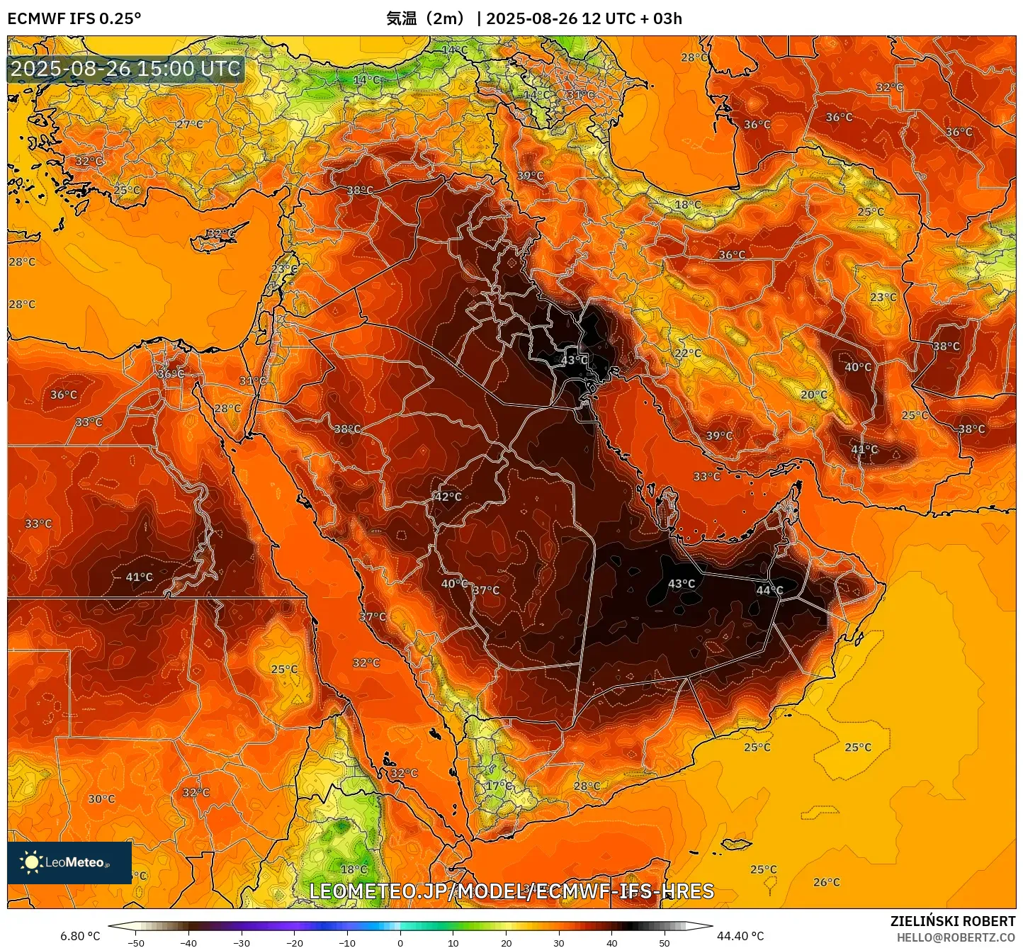 ECMWF IFS 0.25° model - 中東, 気温(2m) ECMWF IFS 0.25° model - 中東, 気温(2m)