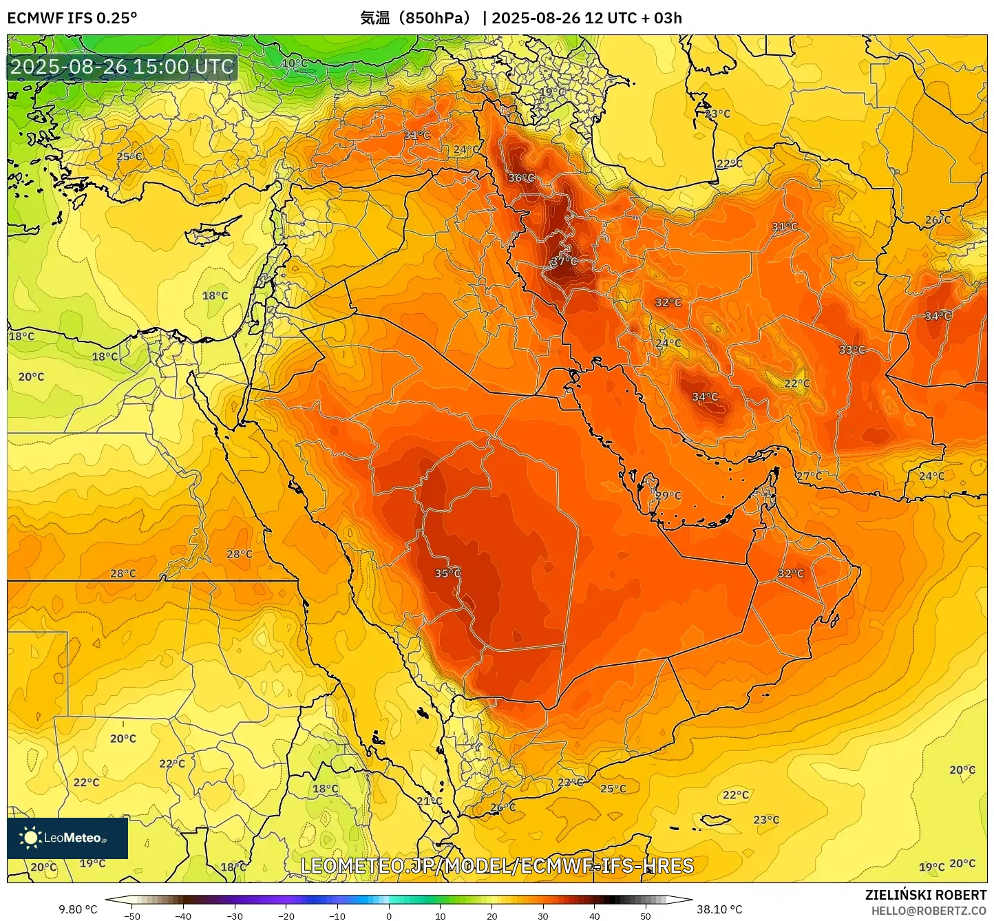 ECMWF IFS 0.25° model - 中東, 気温(850hPa) ECMWF IFS 0.25° model - 中東, 気温(850hPa)