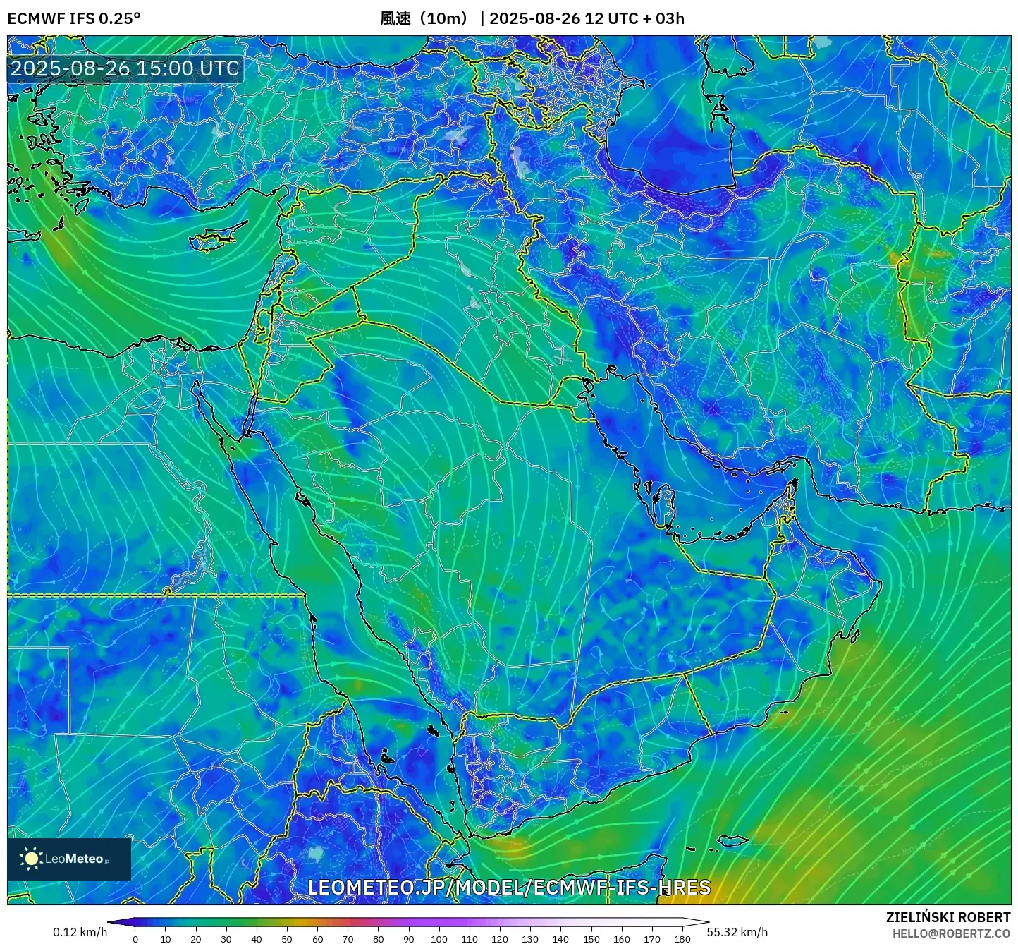 ECMWF IFS 0.25° model - 中東, 風速(10m) ECMWF IFS 0.25° model - 中東, 風速(10m)