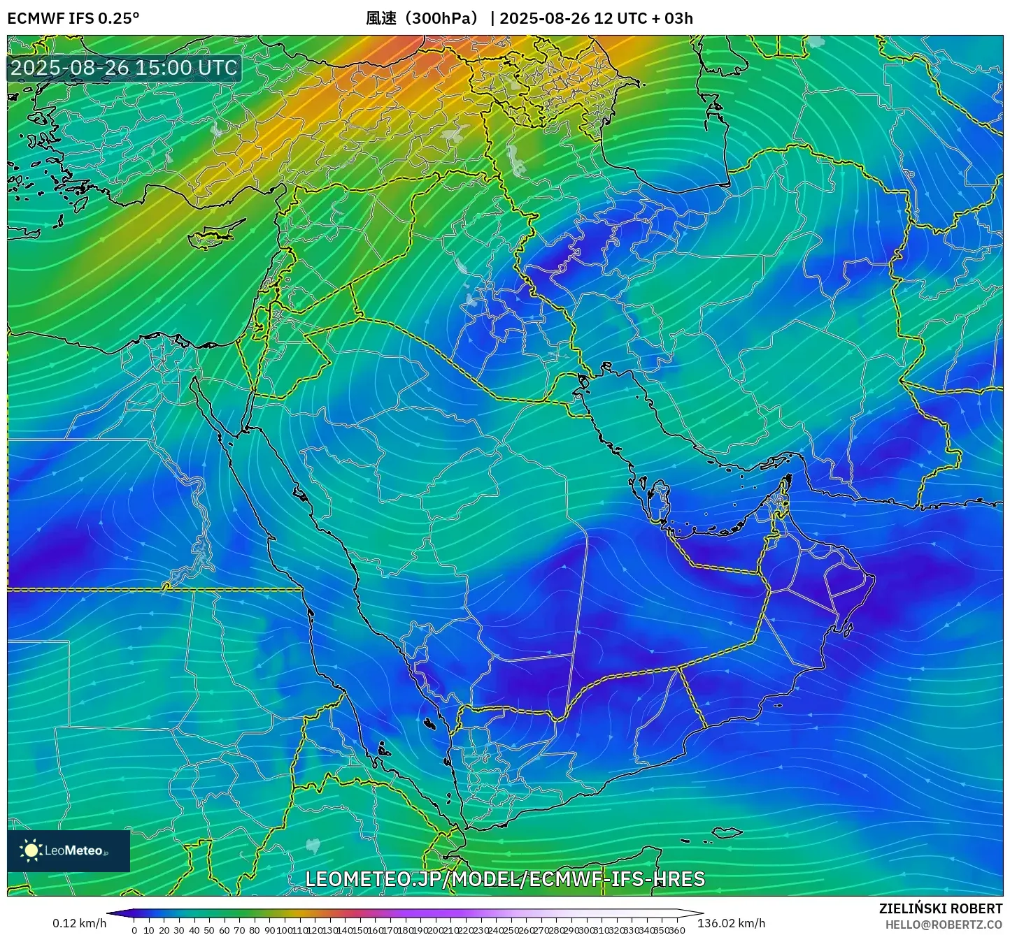 ECMWF IFS 0.25° model - 中東, 風速(300hPa) ECMWF IFS 0.25° model - 中東, 風速(300hPa)