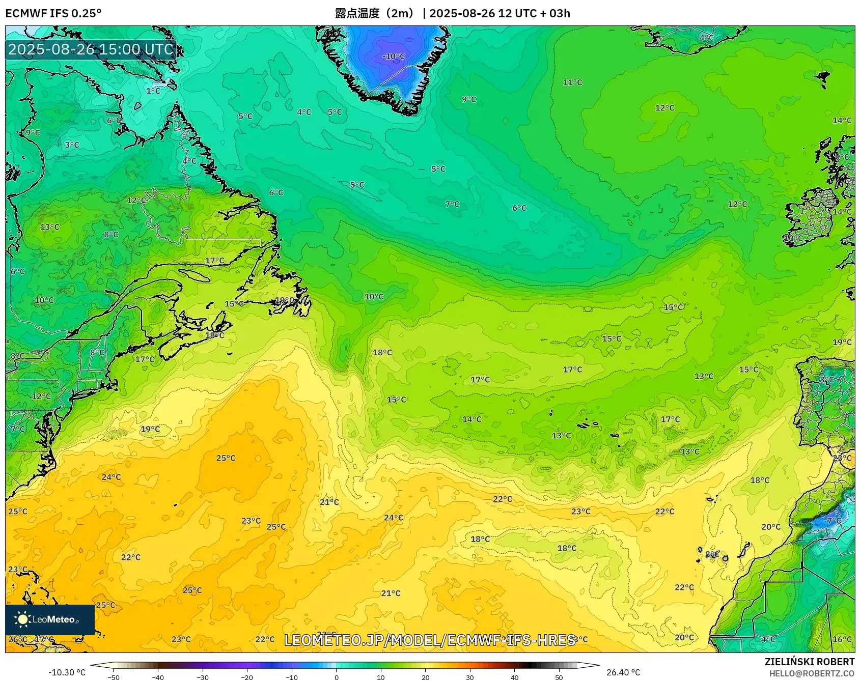 ECMWF IFS 0.25° model - 北大西洋, 露点温度(2m) ECMWF IFS 0.25° model - 北大西洋, 露点温度(2m)