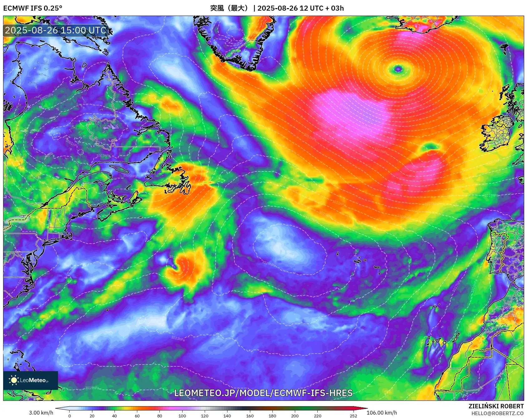 ECMWF IFS 0.25° model - 北大西洋, 突風(最大) ECMWF IFS 0.25° model - 北大西洋, 突風(最大)