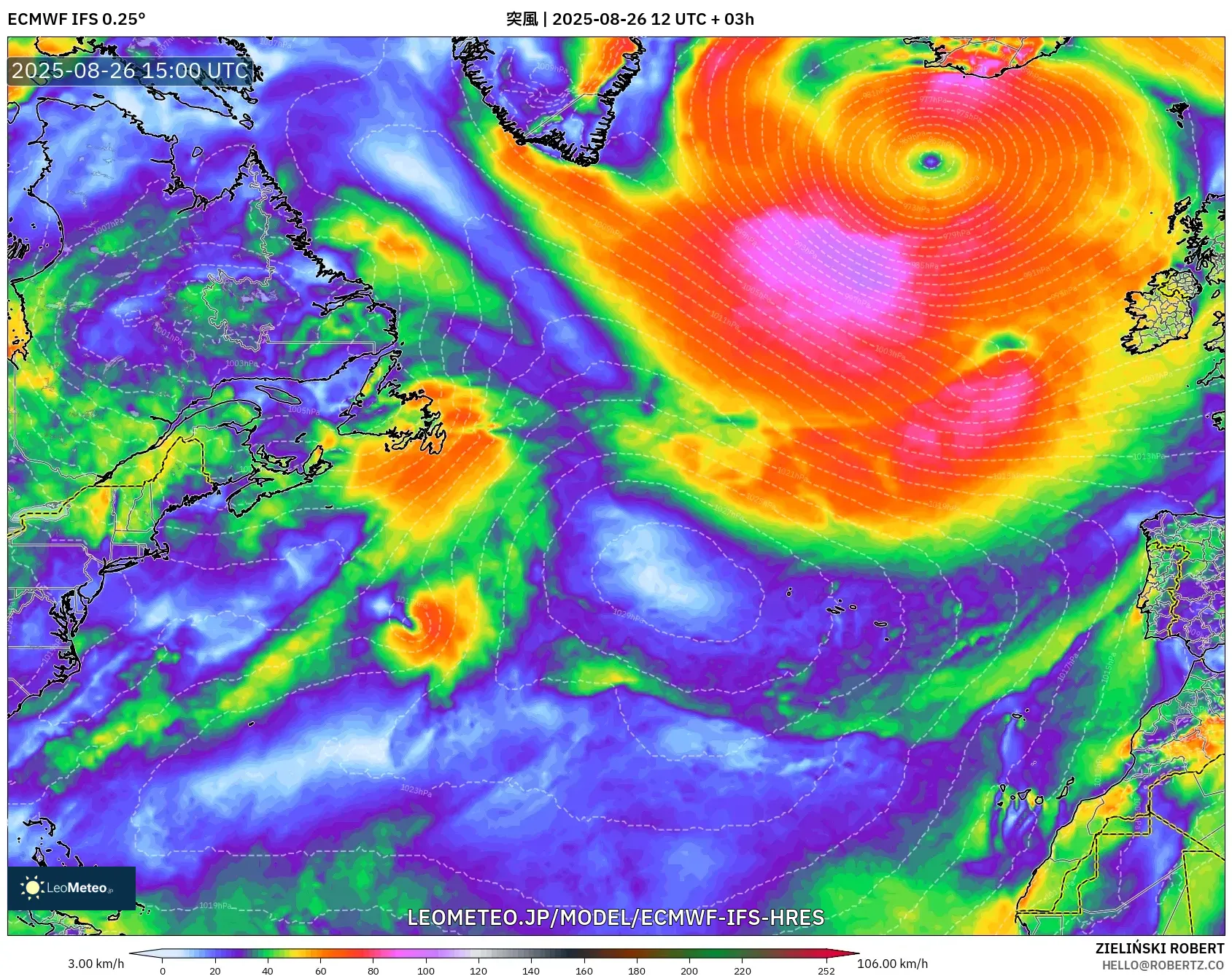 ECMWF IFS 0.25° model - 北大西洋, 突風 ECMWF IFS 0.25° model - 北大西洋, 突風