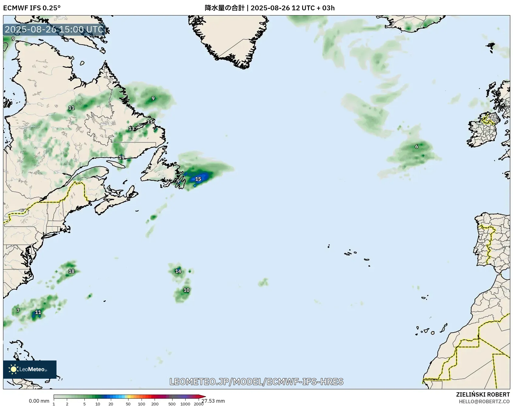 ECMWF IFS 0.25° model - 北大西洋, 降水量の合計 ECMWF IFS 0.25° model - 北大西洋, 降水量の合計