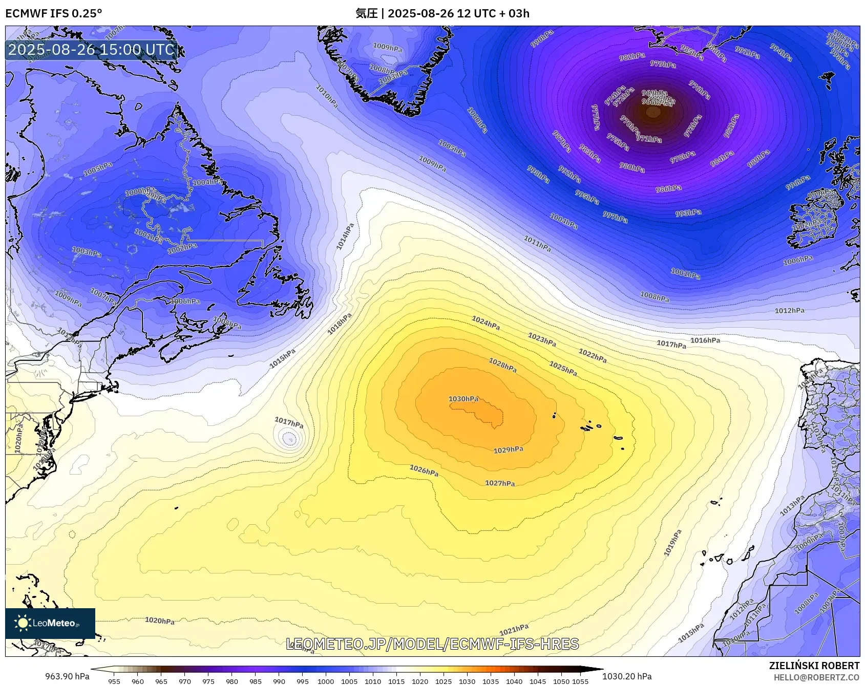 ECMWF IFS 0.25° model - 北大西洋, 気圧 ECMWF IFS 0.25° model - 北大西洋, 気圧