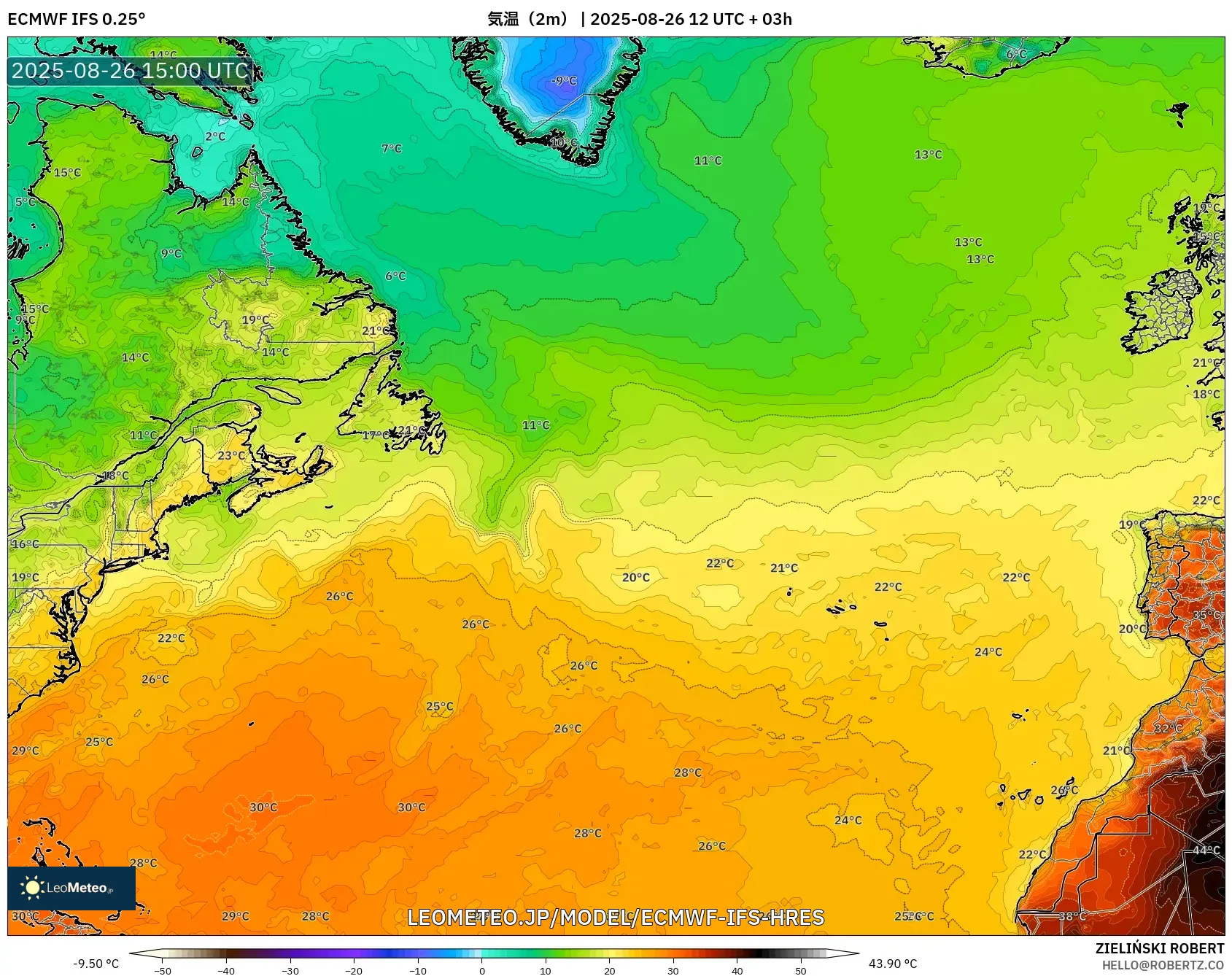 ECMWF IFS 0.25° model - 北大西洋, 気温(2m) ECMWF IFS 0.25° model - 北大西洋, 気温(2m)