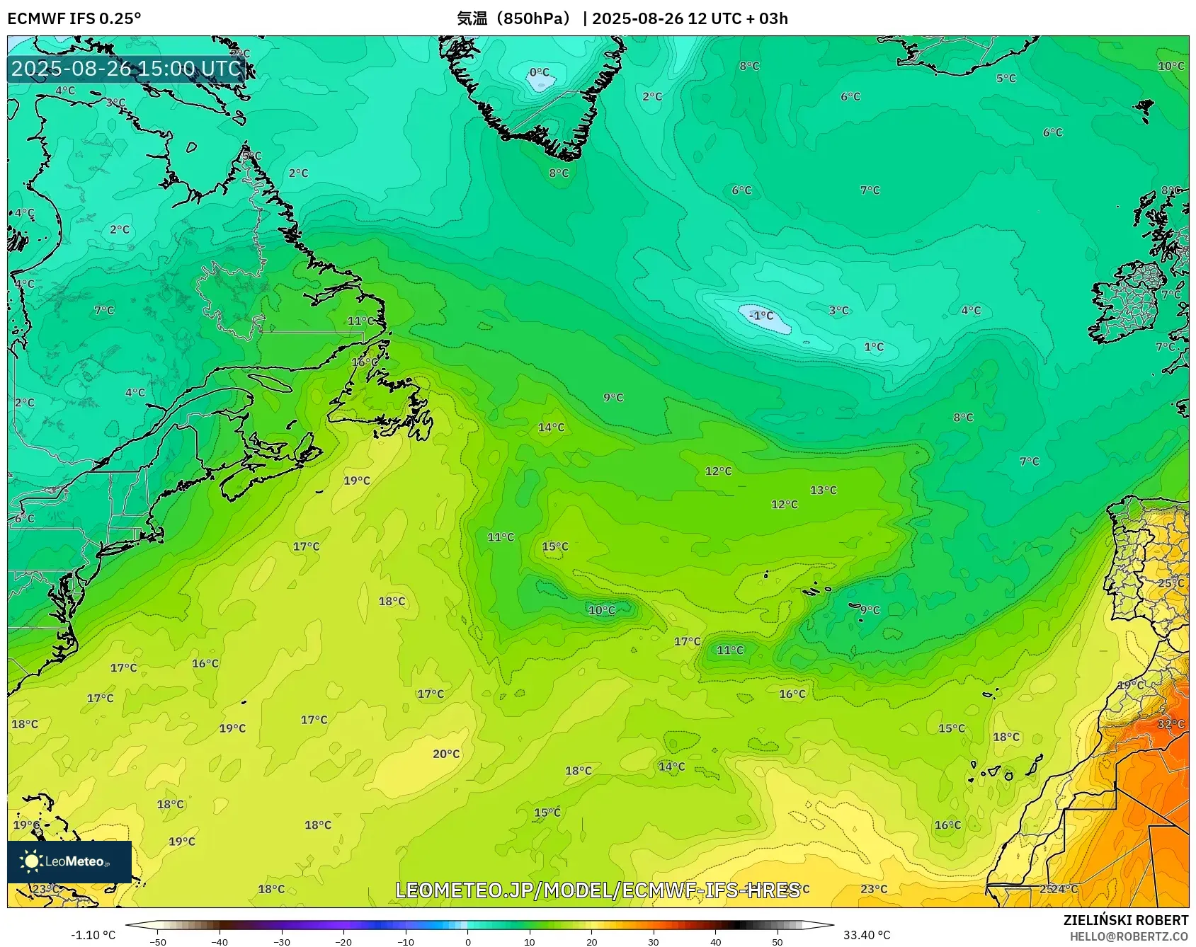 ECMWF IFS 0.25° model - 北大西洋, 気温(850hPa) ECMWF IFS 0.25° model - 北大西洋, 気温(850hPa)