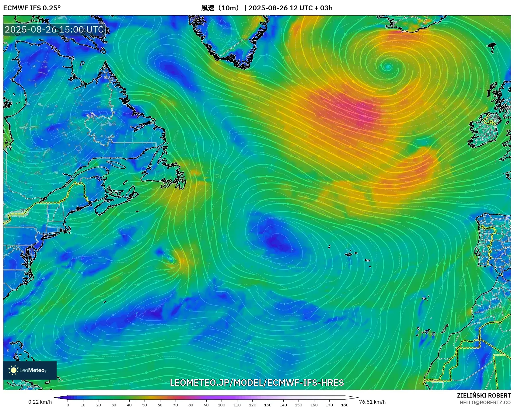 ECMWF IFS 0.25° model - 北大西洋, 風速(10m) ECMWF IFS 0.25° model - 北大西洋, 風速(10m)