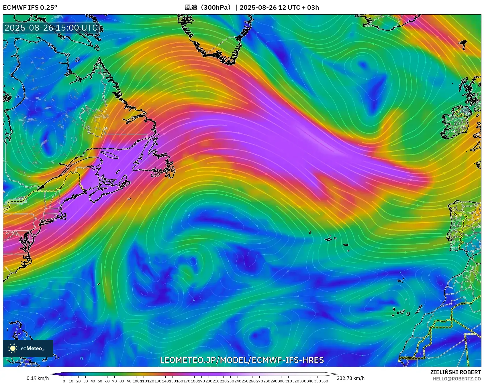 ECMWF IFS 0.25° model - 北大西洋, 風速(300hPa) ECMWF IFS 0.25° model - 北大西洋, 風速(300hPa)