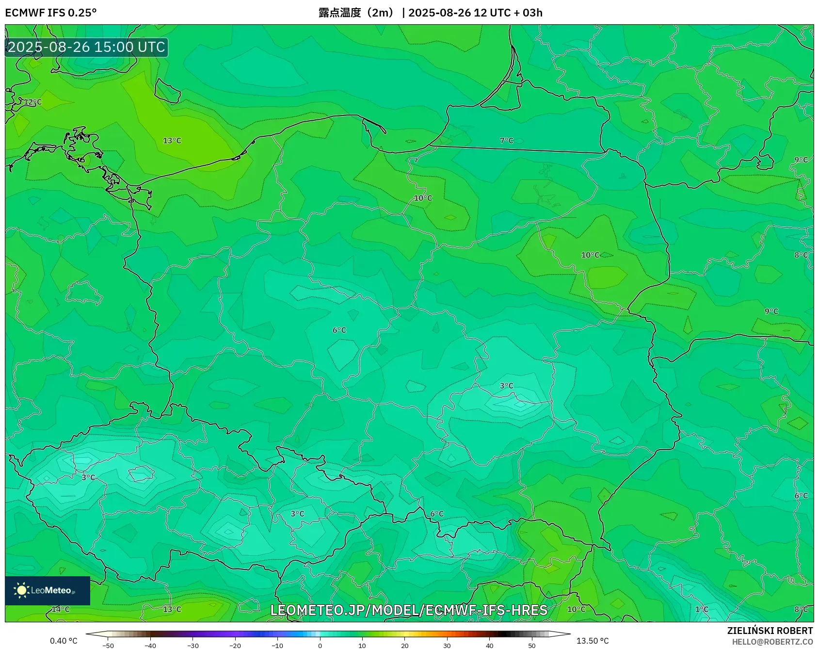 ECMWF IFS 0.25° model - ポーランド, 露点温度(2m) ECMWF IFS 0.25° model - ポーランド, 露点温度(2m)