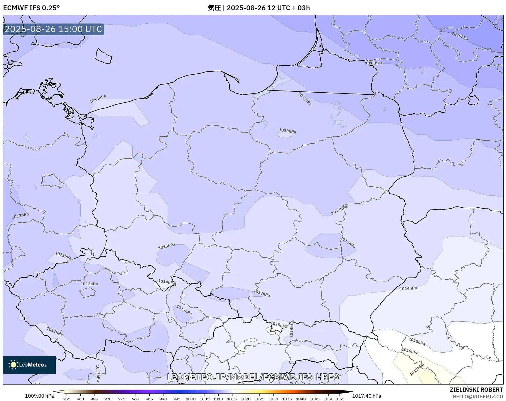 ECMWF IFS 0.25° model - ポーランド, 気圧 ECMWF IFS 0.25° model - ポーランド, 気圧
