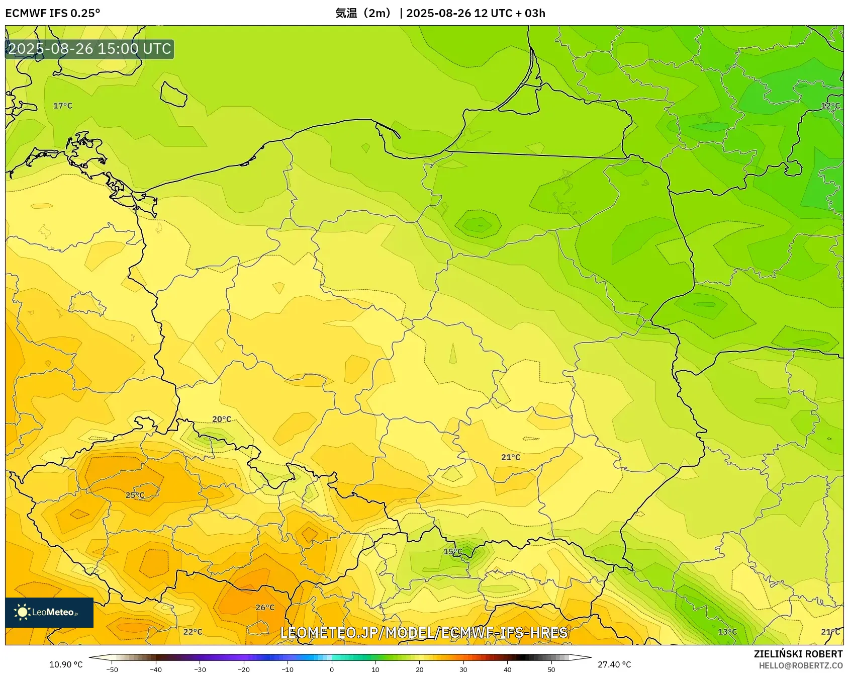 ECMWF IFS 0.25° model - ポーランド, 気温(2m) ECMWF IFS 0.25° model - ポーランド, 気温(2m)