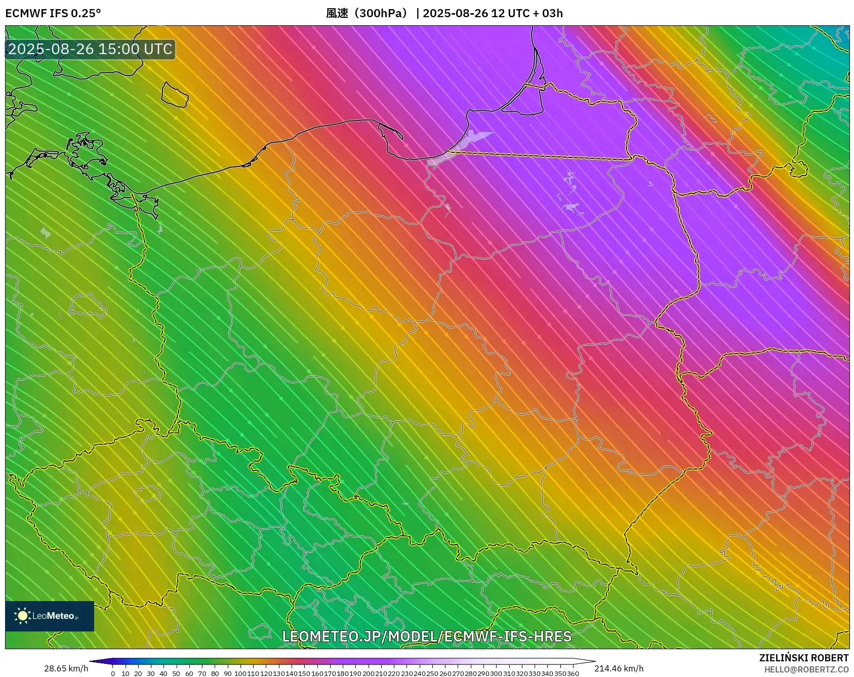 ECMWF IFS 0.25° model - ポーランド, 風速(300hPa) ECMWF IFS 0.25° model - ポーランド, 風速(300hPa)