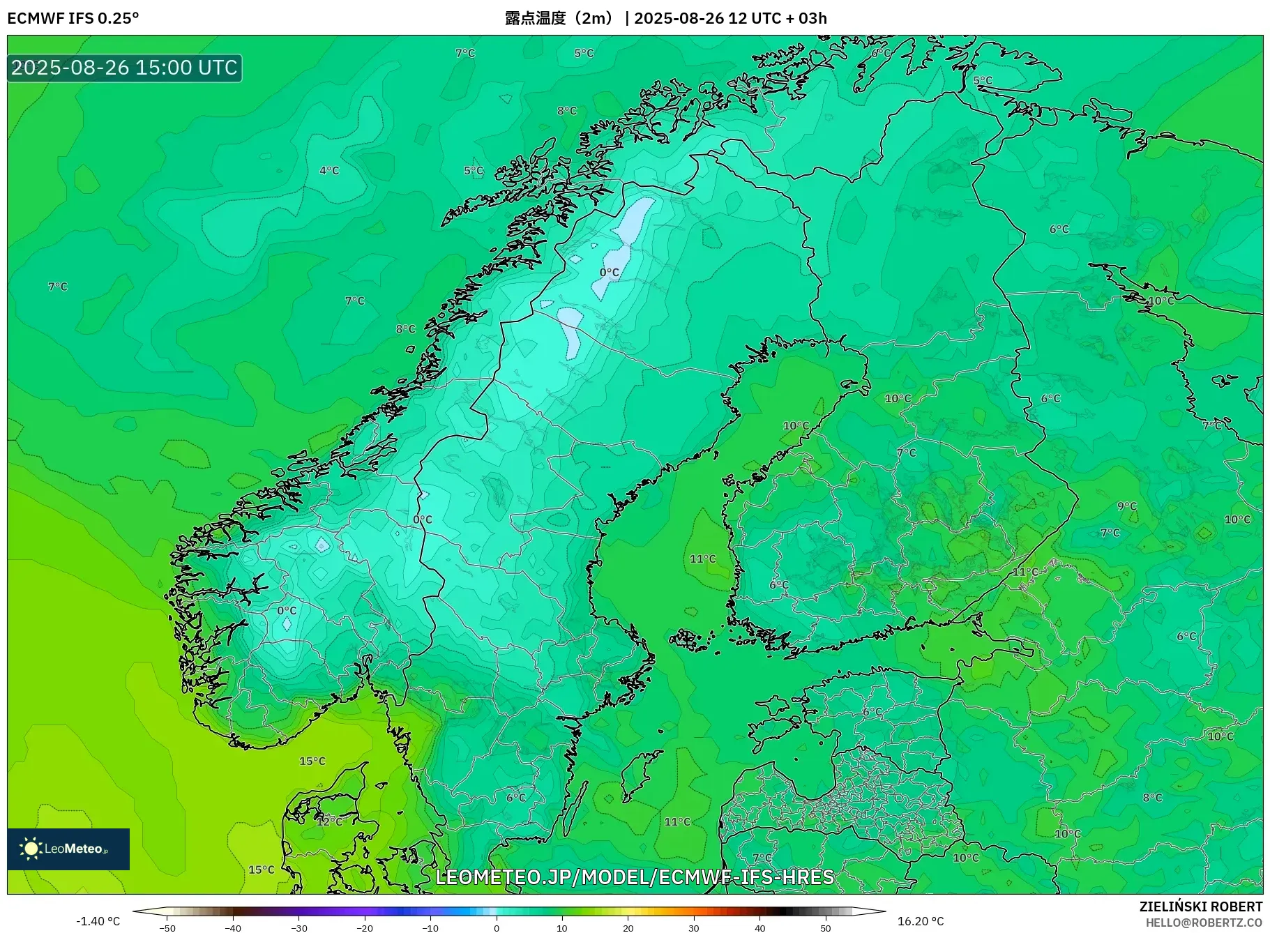ECMWF IFS 0.25° model - スカンジナビア, 露点温度(2m) ECMWF IFS 0.25° model - スカンジナビア, 露点温度(2m)