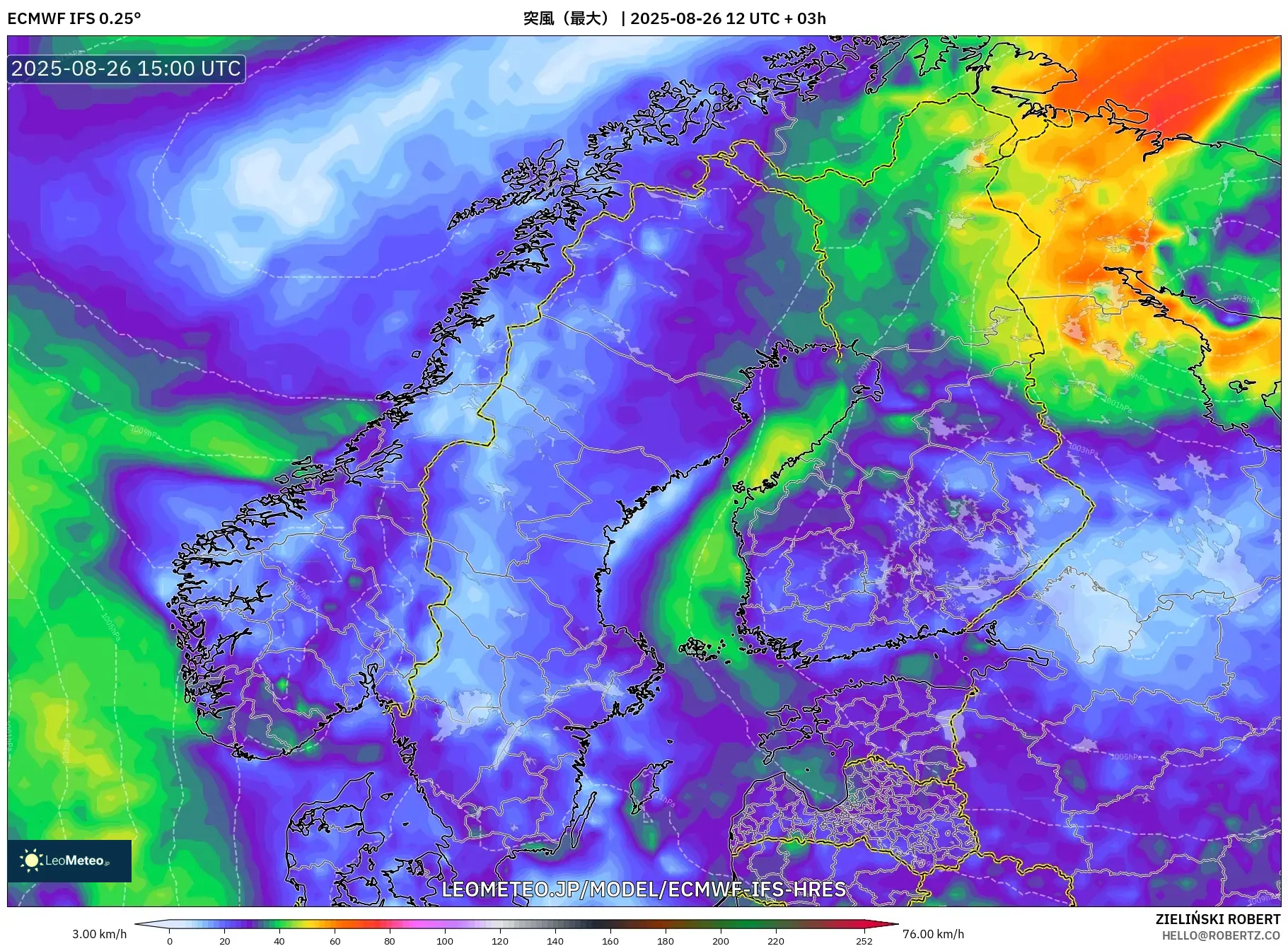 ECMWF IFS 0.25° model - スカンジナビア, 突風(最大) ECMWF IFS 0.25° model - スカンジナビア, 突風(最大)