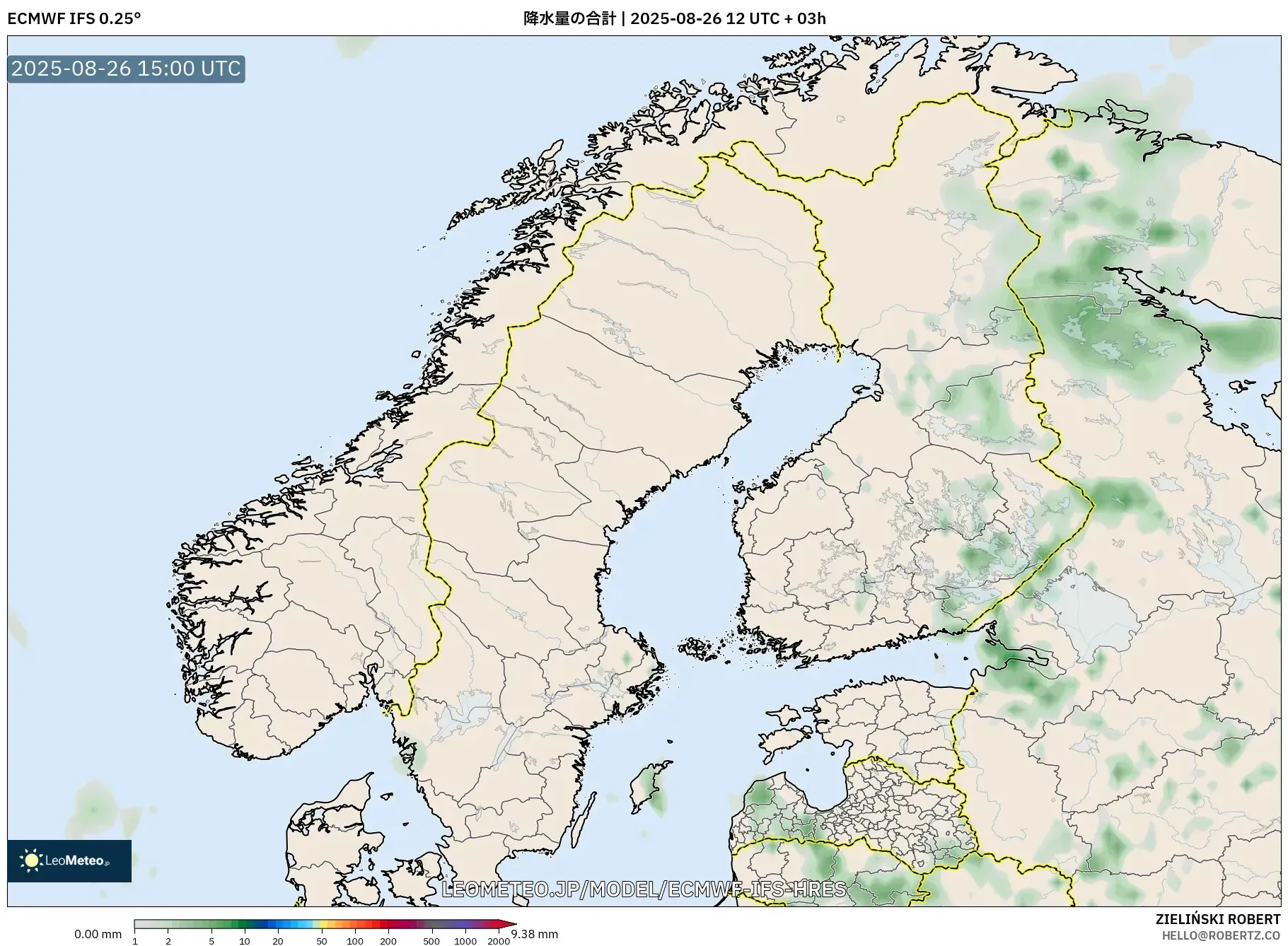 ECMWF IFS 0.25° model - スカンジナビア, 降水量の合計 ECMWF IFS 0.25° model - スカンジナビア, 降水量の合計