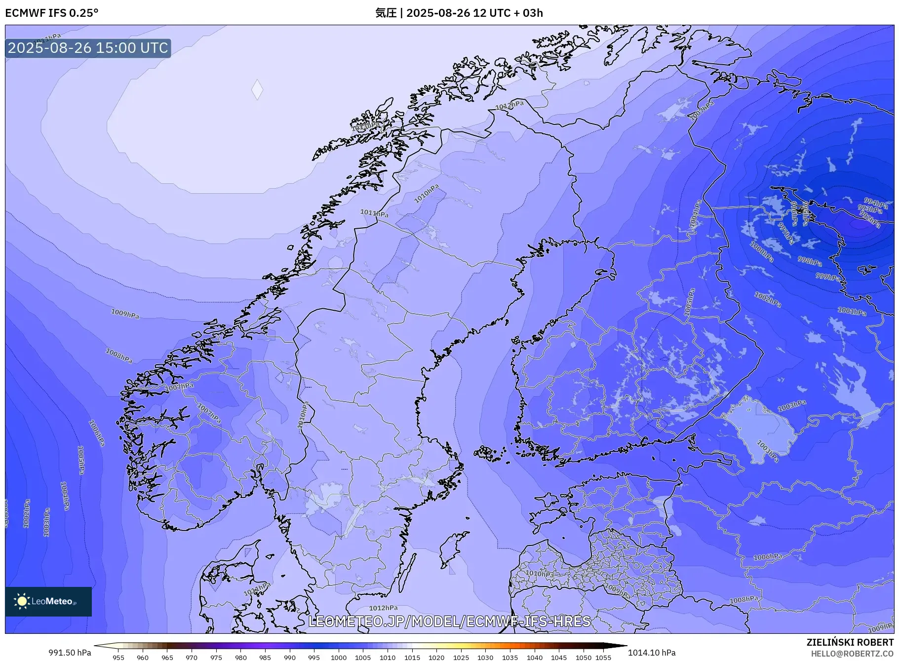 ECMWF IFS 0.25° model - スカンジナビア, 気圧 ECMWF IFS 0.25° model - スカンジナビア, 気圧