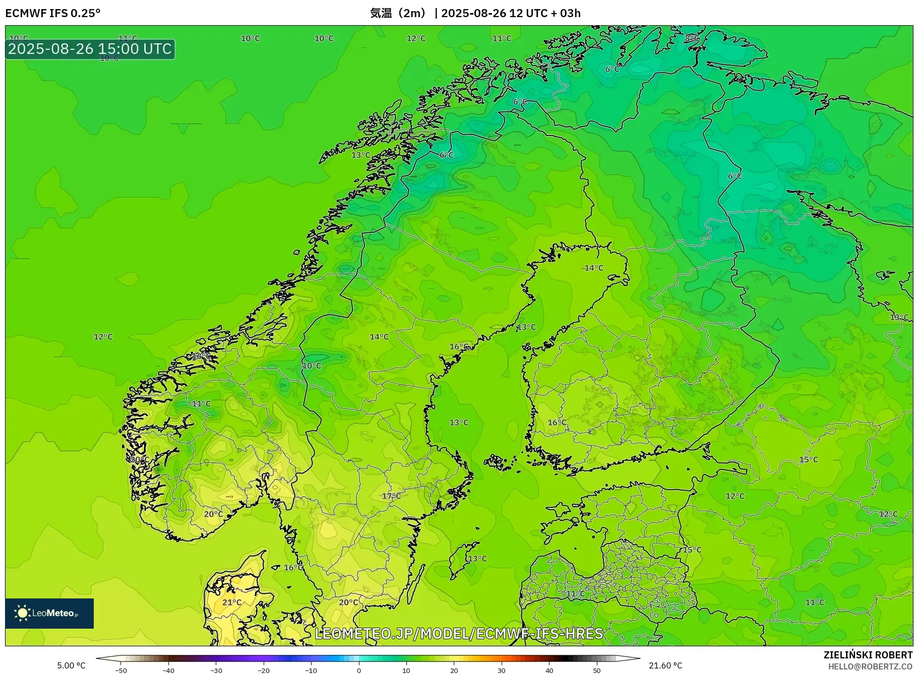 ECMWF IFS 0.25° model - スカンジナビア, 気温(2m) ECMWF IFS 0.25° model - スカンジナビア, 気温(2m)