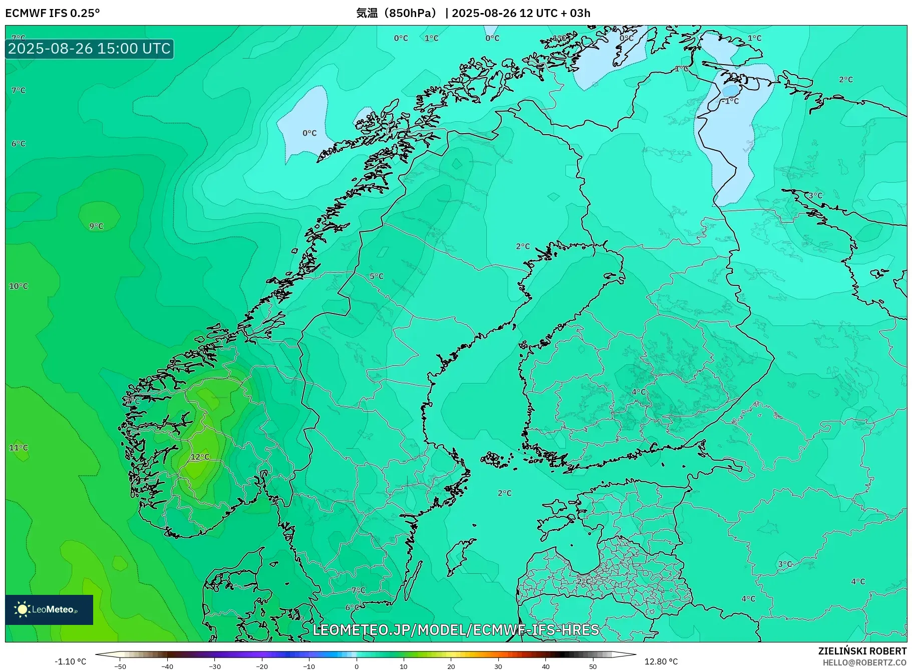 ECMWF IFS 0.25° model - スカンジナビア, 気温(850hPa) ECMWF IFS 0.25° model - スカンジナビア, 気温(850hPa)