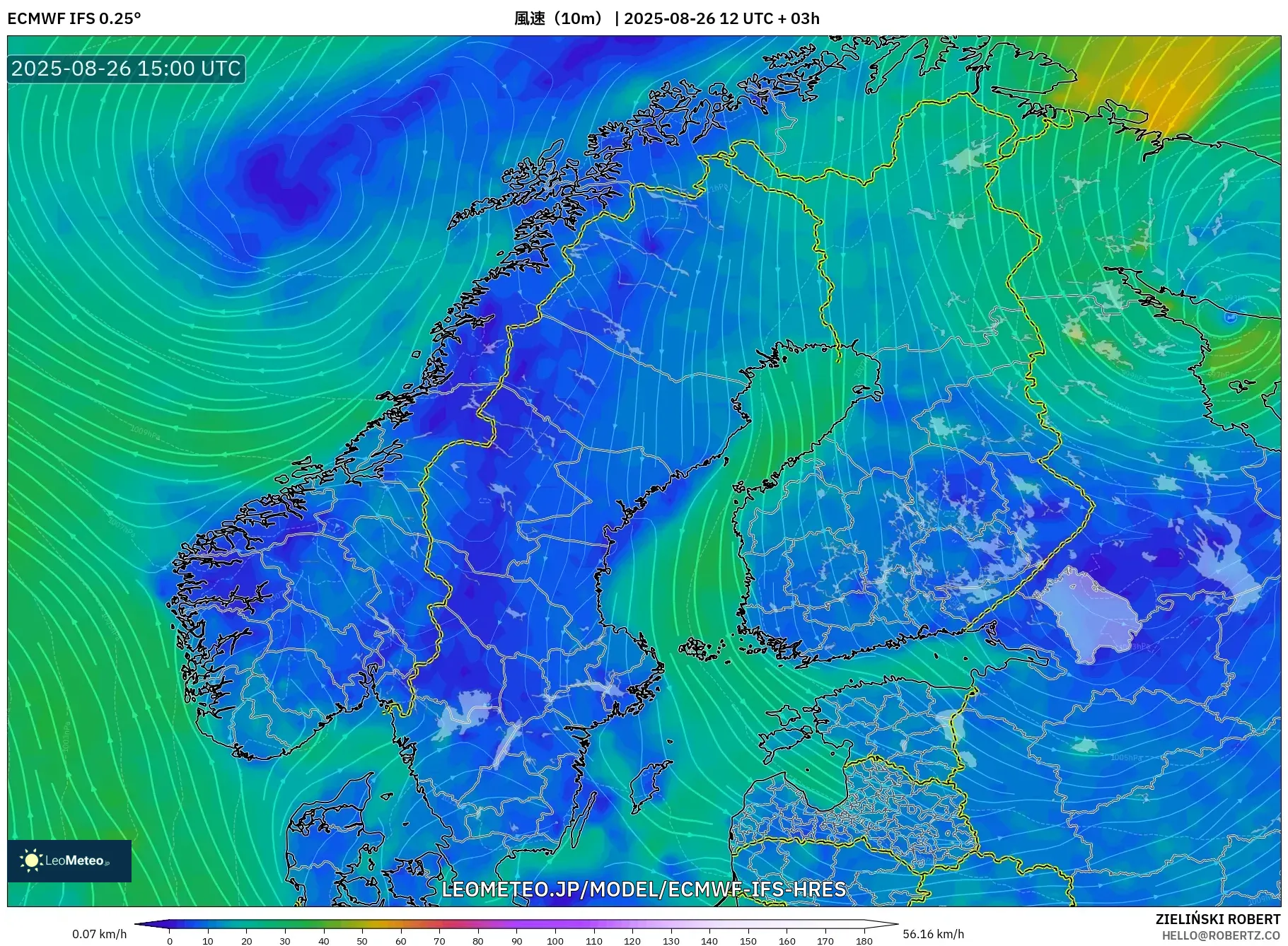 ECMWF IFS 0.25° model - スカンジナビア, 風速(10m) ECMWF IFS 0.25° model - スカンジナビア, 風速(10m)