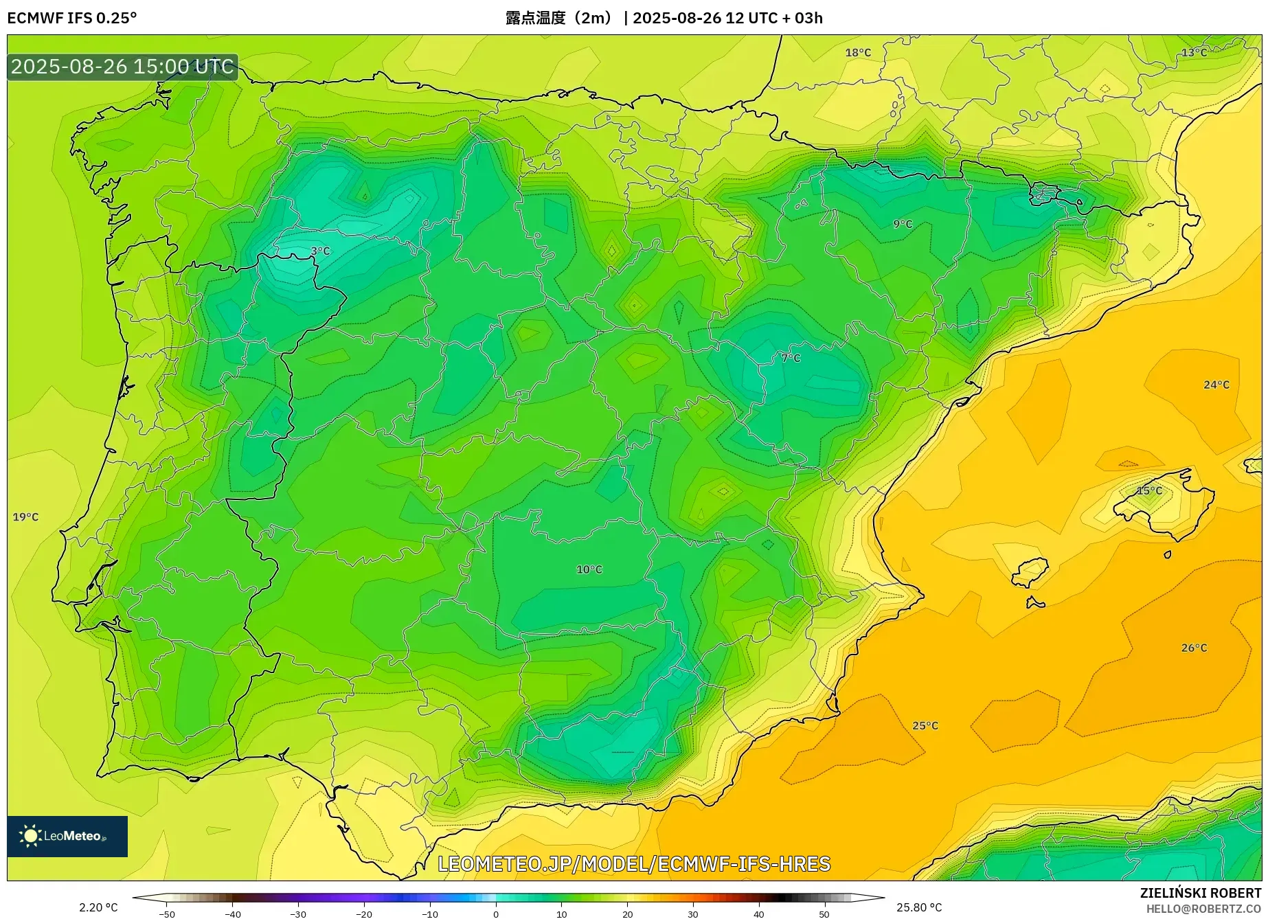 ECMWF IFS 0.25° model - スペイン, 露点温度(2m) ECMWF IFS 0.25° model - スペイン, 露点温度(2m)