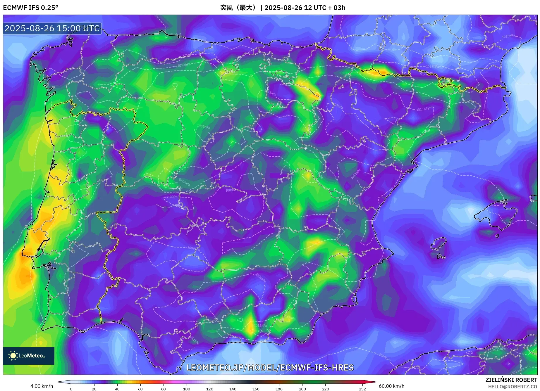 ECMWF IFS 0.25° model - スペイン, 突風（最大）