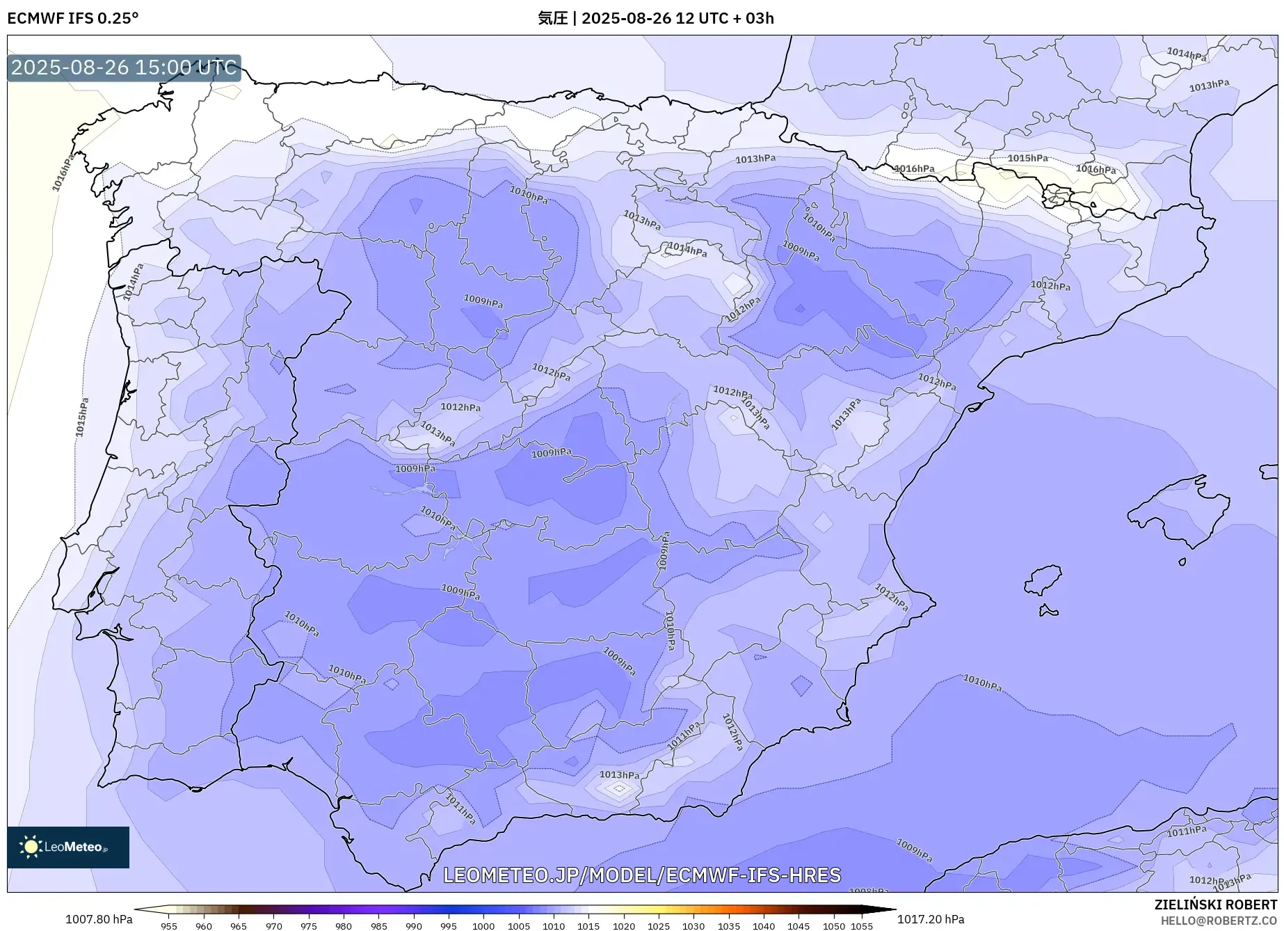 ECMWF IFS 0.25° model - スペイン, 気圧 ECMWF IFS 0.25° model - スペイン, 気圧