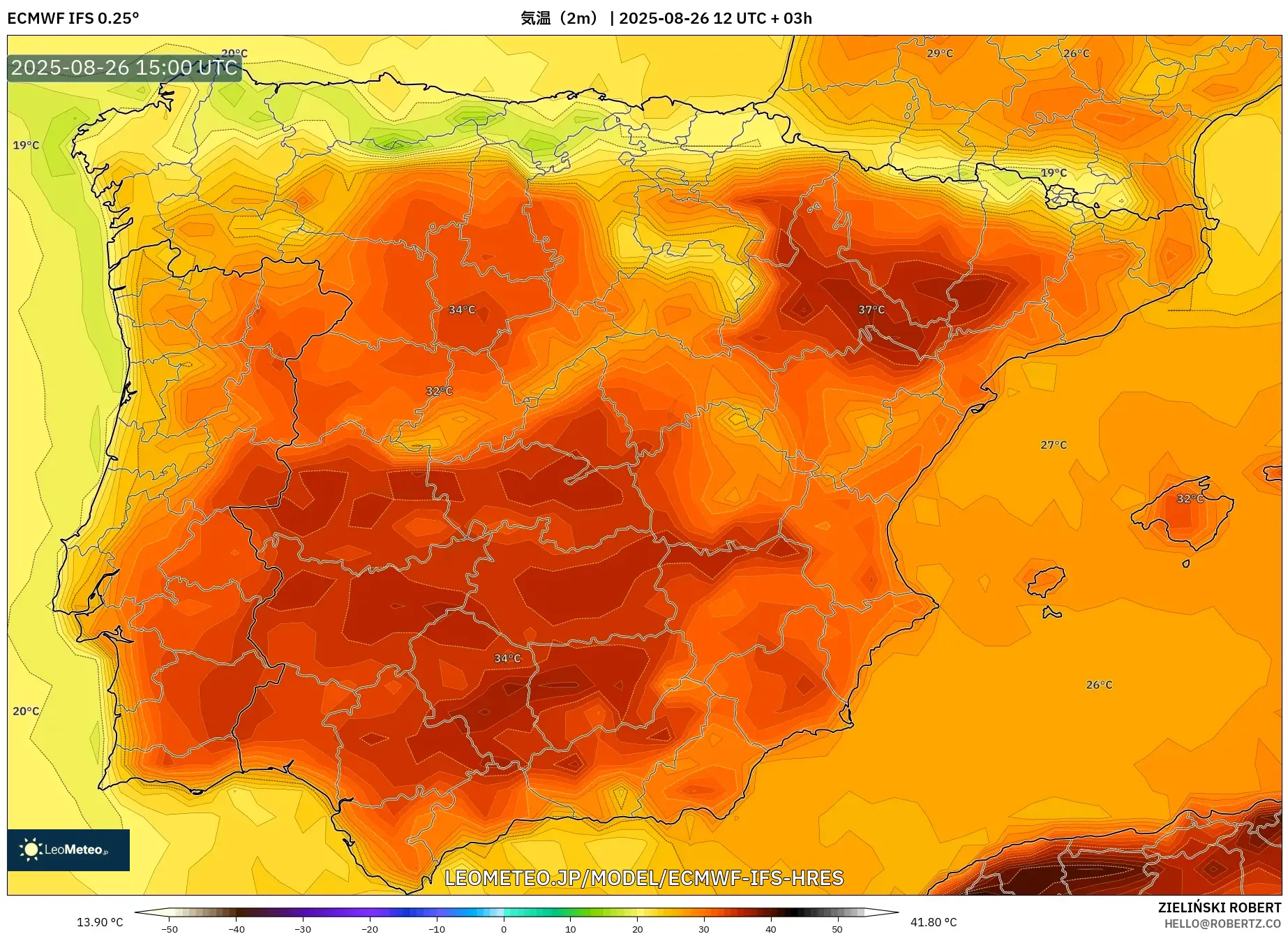 ECMWF IFS 0.25° model - スペイン, 気温(2m) ECMWF IFS 0.25° model - スペイン, 気温(2m)