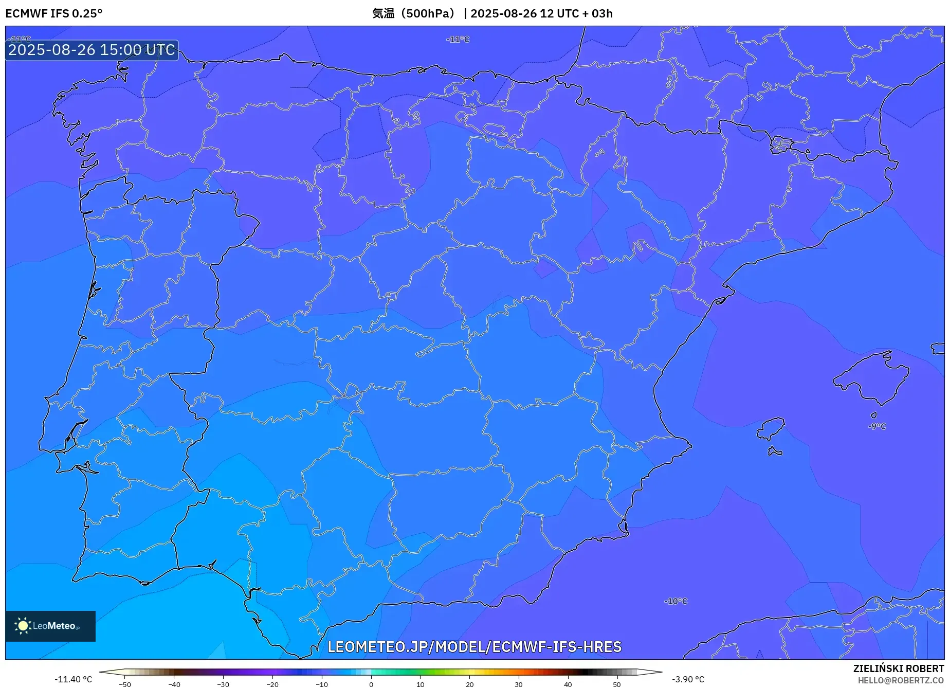ECMWF IFS 0.25° model - スペイン, 気温(500hPa) ECMWF IFS 0.25° model - スペイン, 気温(500hPa)