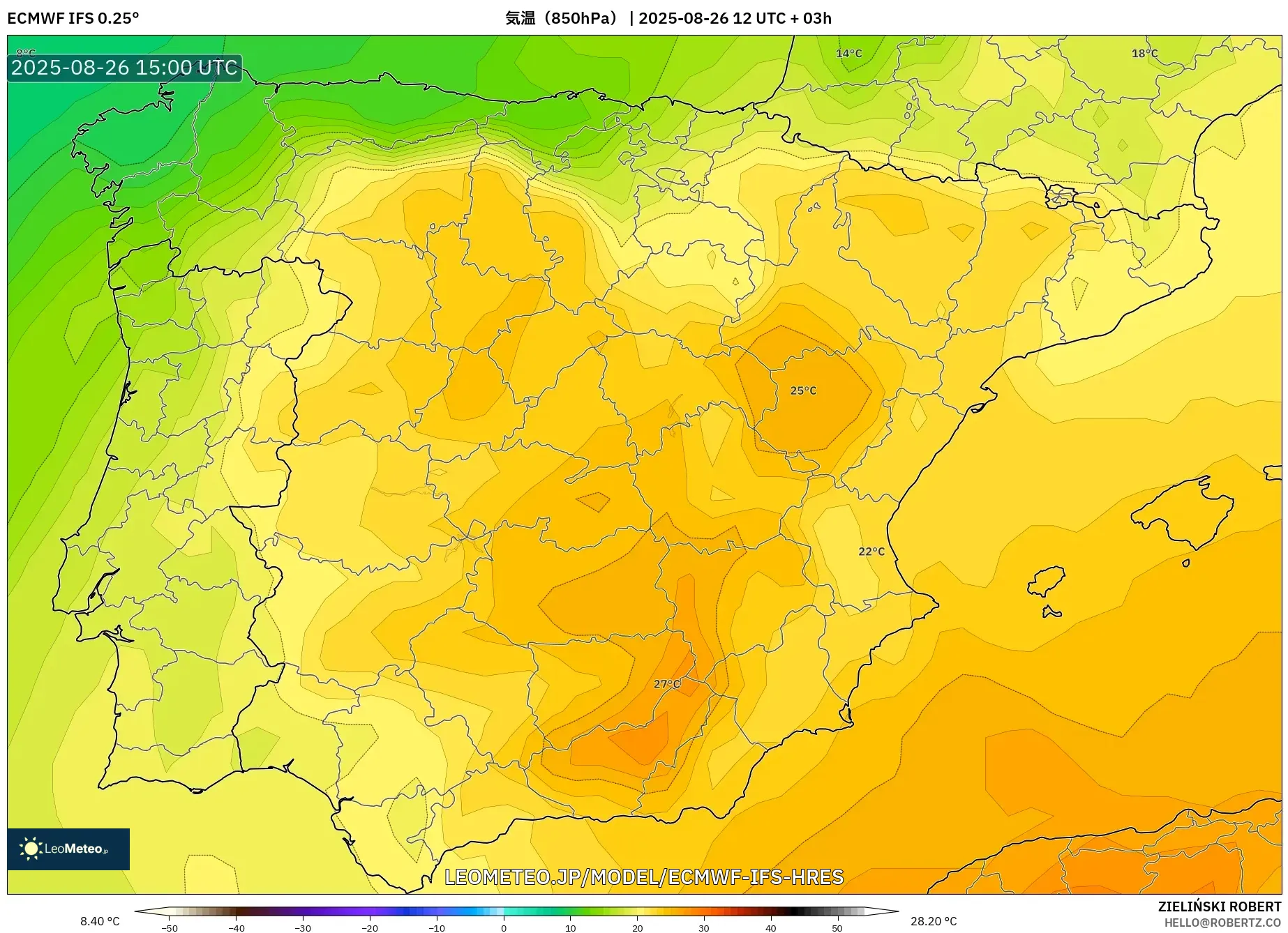 ECMWF IFS 0.25° model - スペイン, 気温(850hPa) ECMWF IFS 0.25° model - スペイン, 気温(850hPa)