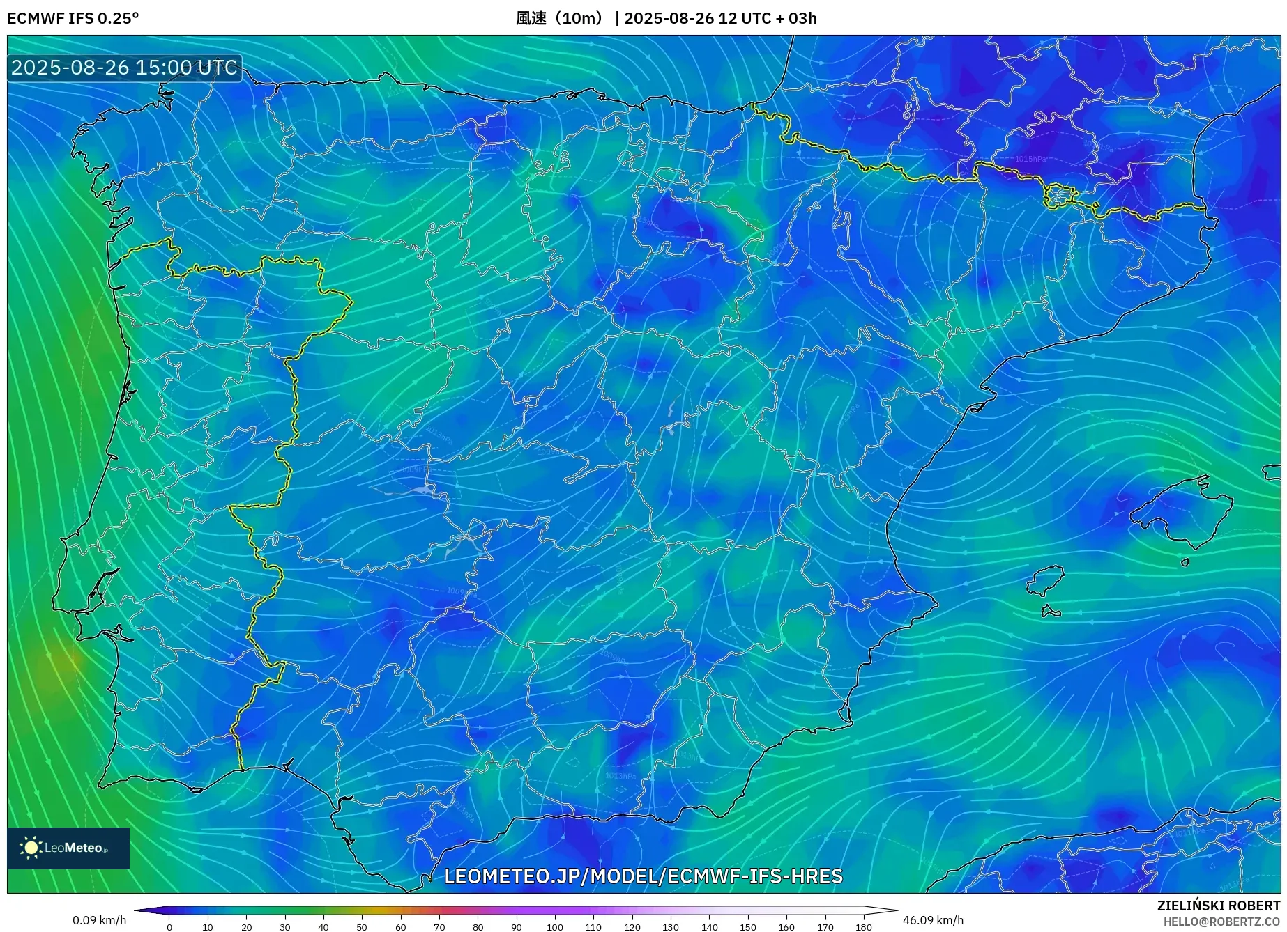 ECMWF IFS 0.25° model - スペイン, 風速(10m) ECMWF IFS 0.25° model - スペイン, 風速(10m)