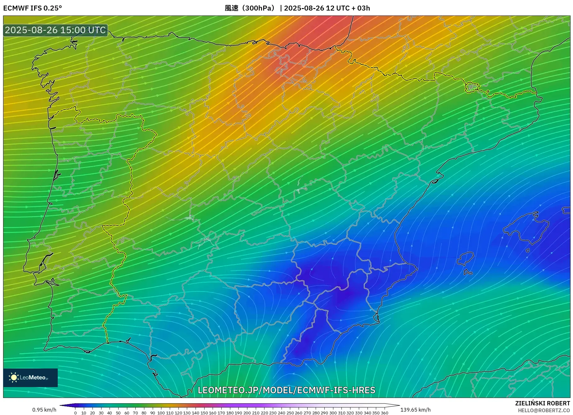 ECMWF IFS 0.25° model - スペイン, 風速(300hPa) ECMWF IFS 0.25° model - スペイン, 風速(300hPa)