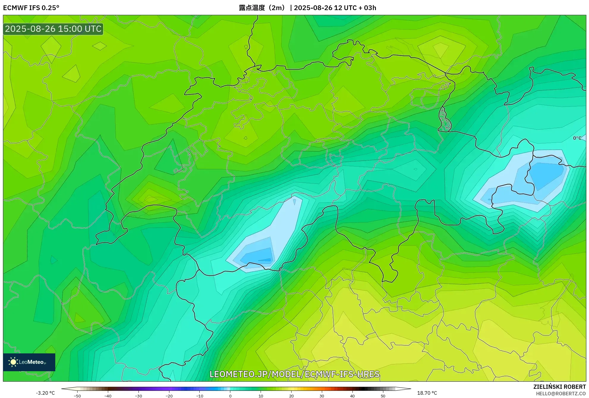 ECMWF IFS 0.25° model - スイス, 露点温度(2m) ECMWF IFS 0.25° model - スイス, 露点温度(2m)