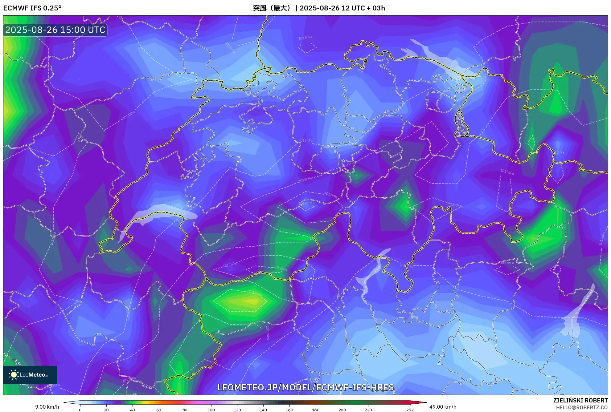 ECMWF IFS 0.25° model - スイス, 突風(最大) ECMWF IFS 0.25° model - スイス, 突風(最大)