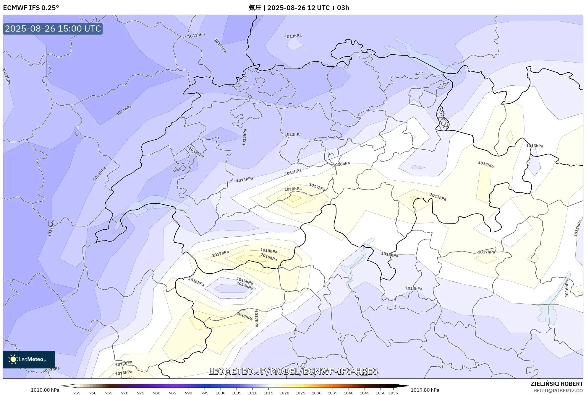 ECMWF IFS 0.25° model - スイス, 気圧 ECMWF IFS 0.25° model - スイス, 気圧