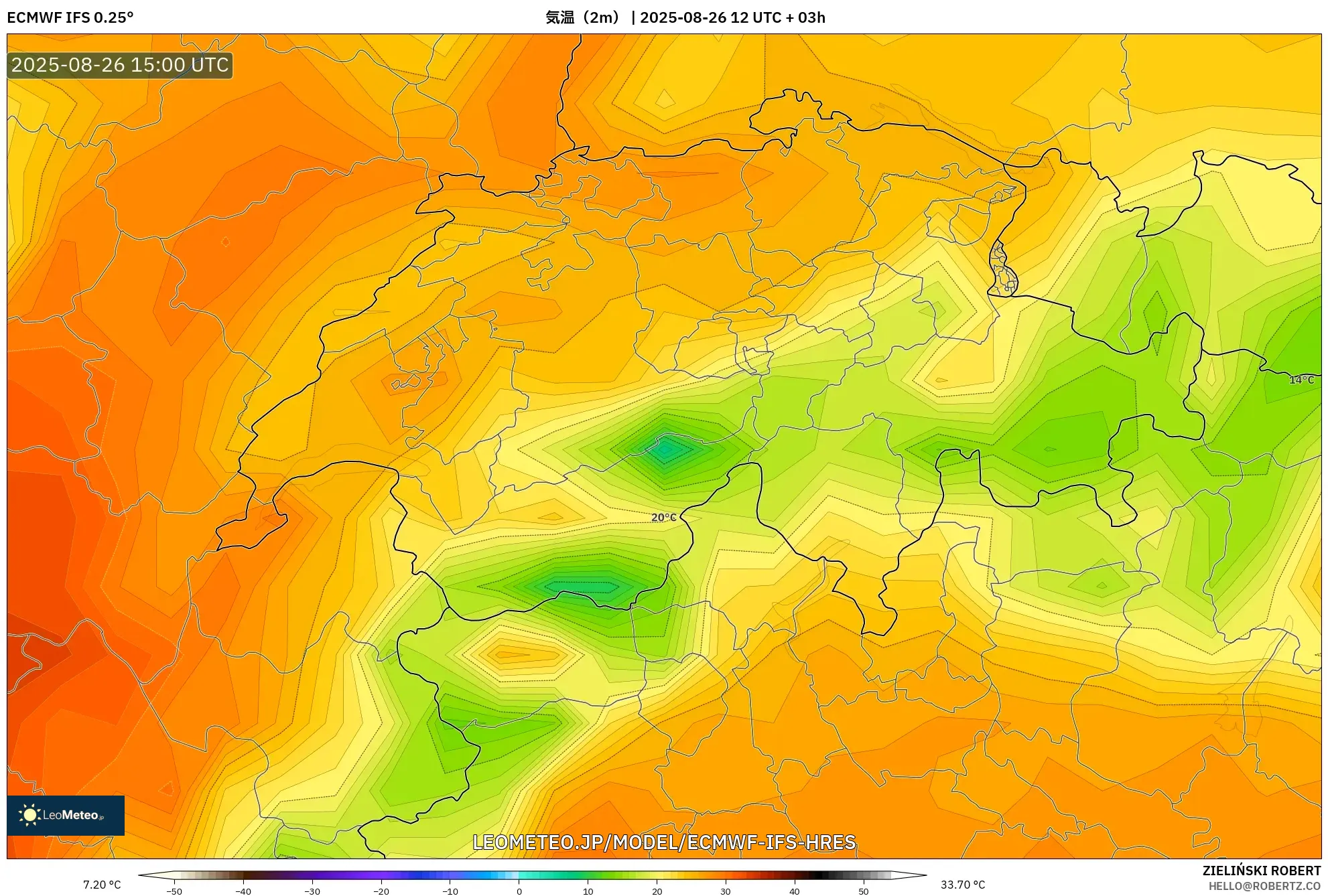 ECMWF IFS 0.25° model - スイス, 気温(2m) ECMWF IFS 0.25° model - スイス, 気温(2m)
