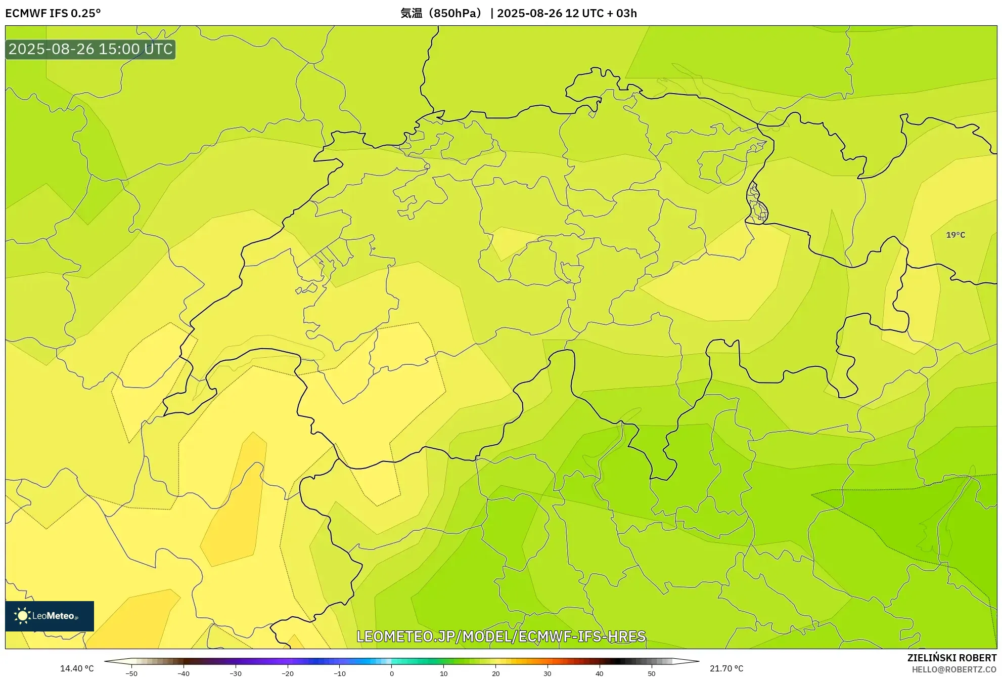 ECMWF IFS 0.25° model - スイス, 気温(850hPa) ECMWF IFS 0.25° model - スイス, 気温(850hPa)