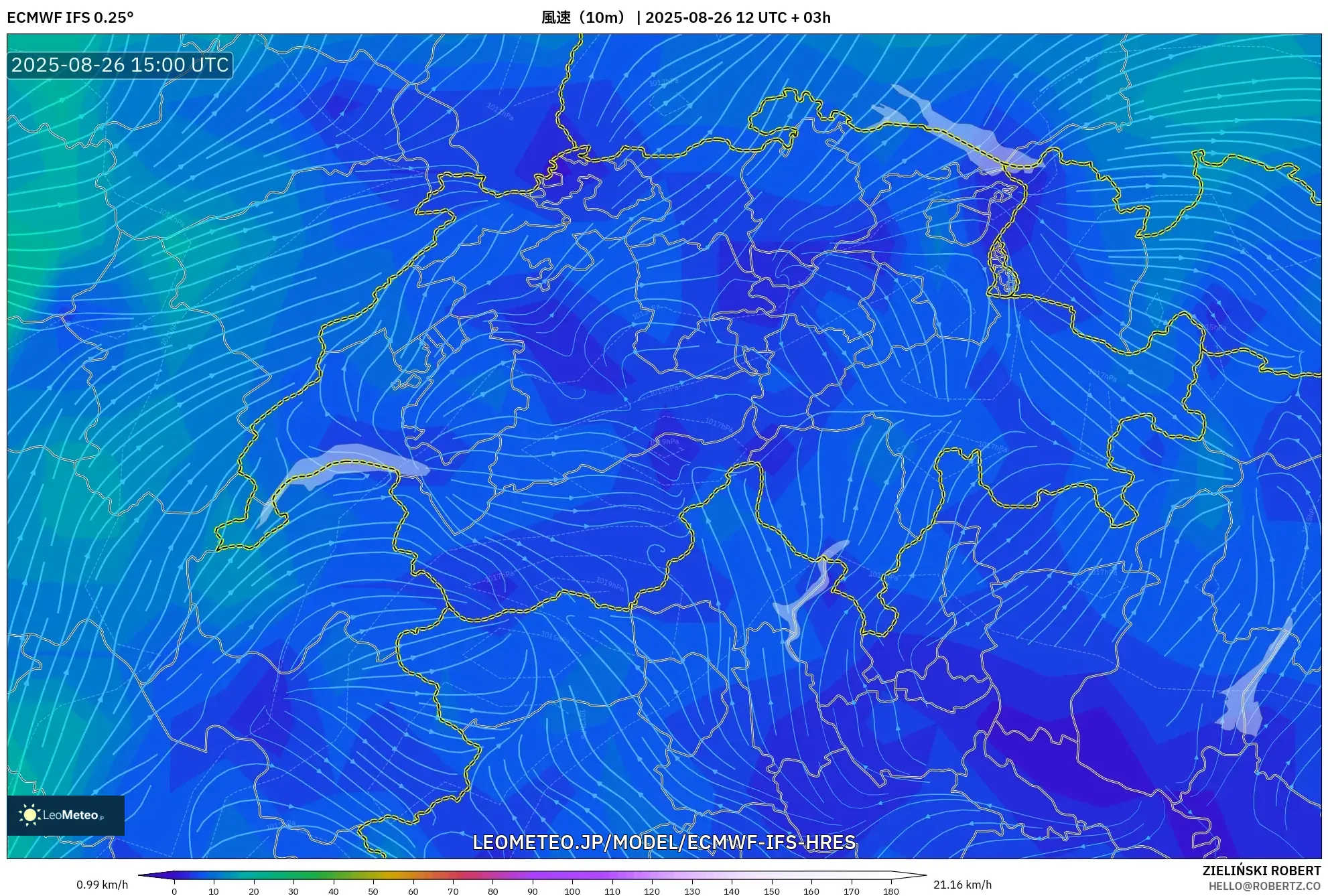 ECMWF IFS 0.25° model - スイス, 風速(10m) ECMWF IFS 0.25° model - スイス, 風速(10m)