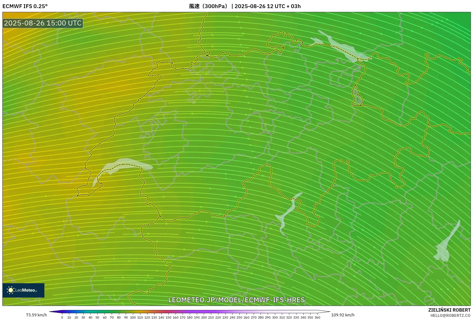 ECMWF IFS 0.25° model - スイス, 風速(300hPa) ECMWF IFS 0.25° model - スイス, 風速(300hPa)